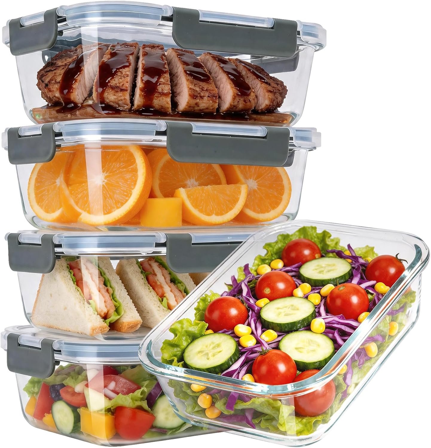 5-Pack 36oz Glass Food Storage Containers with Lids Airtight, Glass Meal Prep Containers Reusable, Leak-Proof Lunch Containers, BPA Free Borosilicate Glass, Microwave Oven Freezer Dishwasher Safe