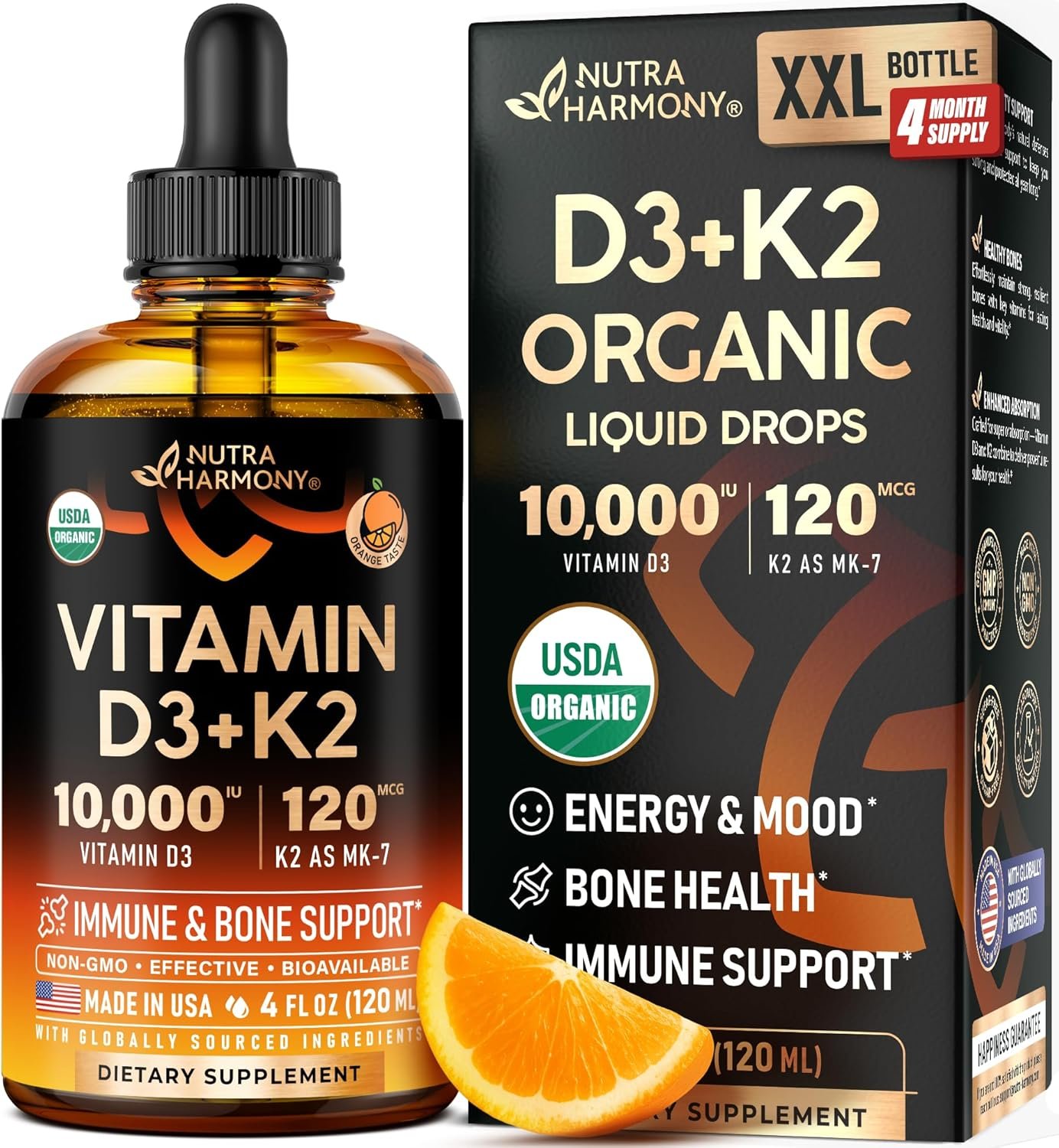 Vitamin D3 K2 USDA Organic Drops – Vitamin D3 10000 IU & K2 as MK-7 120mcg – Immune & Mood Support, Bone & Teeth Health – Sugar-Free, Orange Flavor – Liquid Supplement – 4 FL OZ, 120 Day Supply