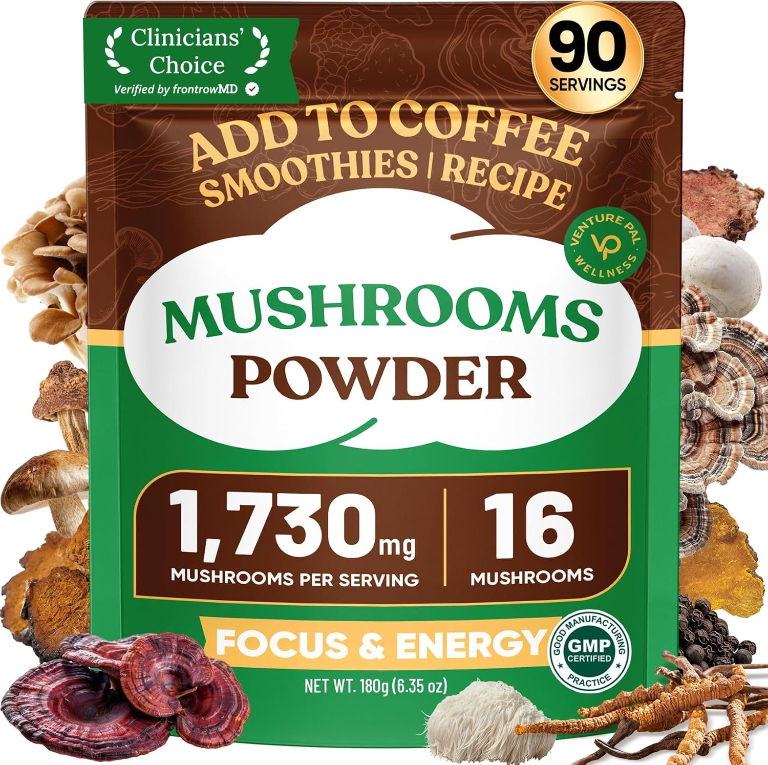 Venture Pal 16 in 1 Adaptogenic Mushroom Powder – 1,730mg Mushroom Coffee Alternative with Ashwagandha, Lion’s Mane, Chaga & More | 100% Fruiting Bodies | Support Immune, Focus & Energy (90 Servings)