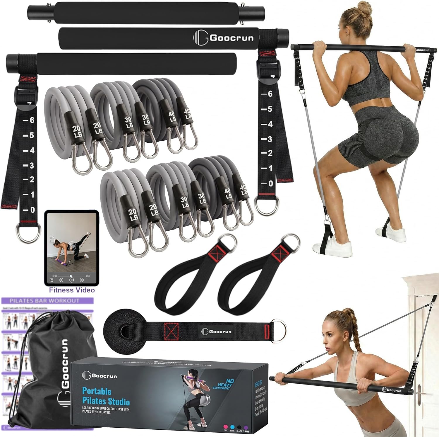 Goocrun Portable Pilates Bar Kit with Resistance Bands for Men and Women – 3 Set Exercise Resistance Bands – Multifunctional Home Gym – Supports Full-Body Workouts – with Fitness Poster and Video