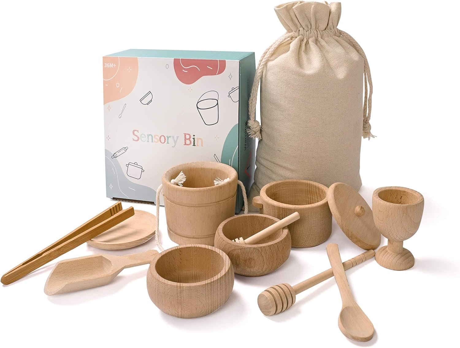 Montessori Sensory Bin Toys for Toddlers, 11pcs Wooden Waldorf Toys – Wooden Scoops and Tongs for Transfer Work and Fine Motor Skills Development