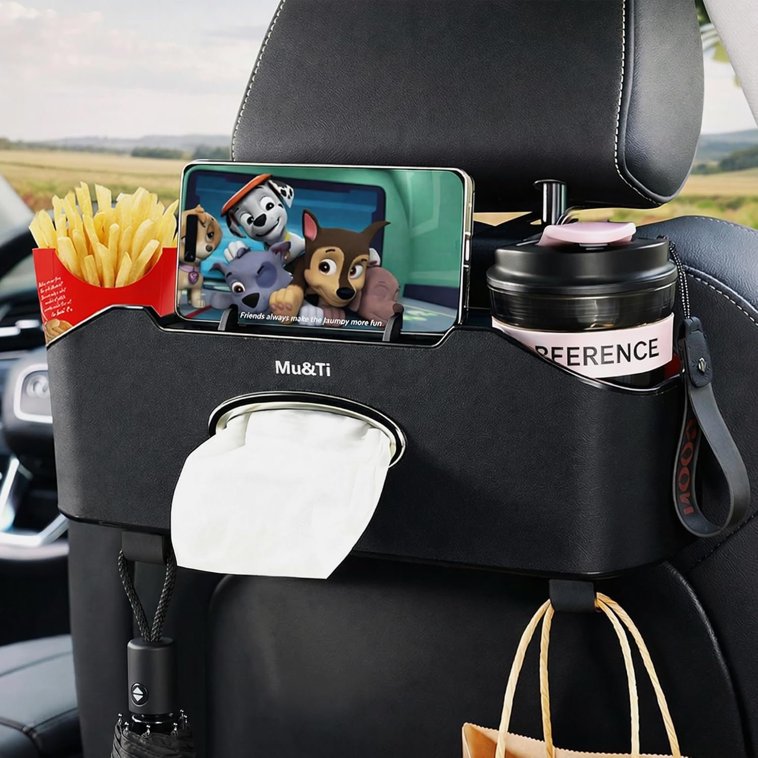 Mu&Ti Back Seat Car Organizer,4+2 in 1 Multifunctional Car Back Seat Storage Box with 2 Cup Holders, Tissue Box and Hook – Ideal for Kids and Travel(Black)