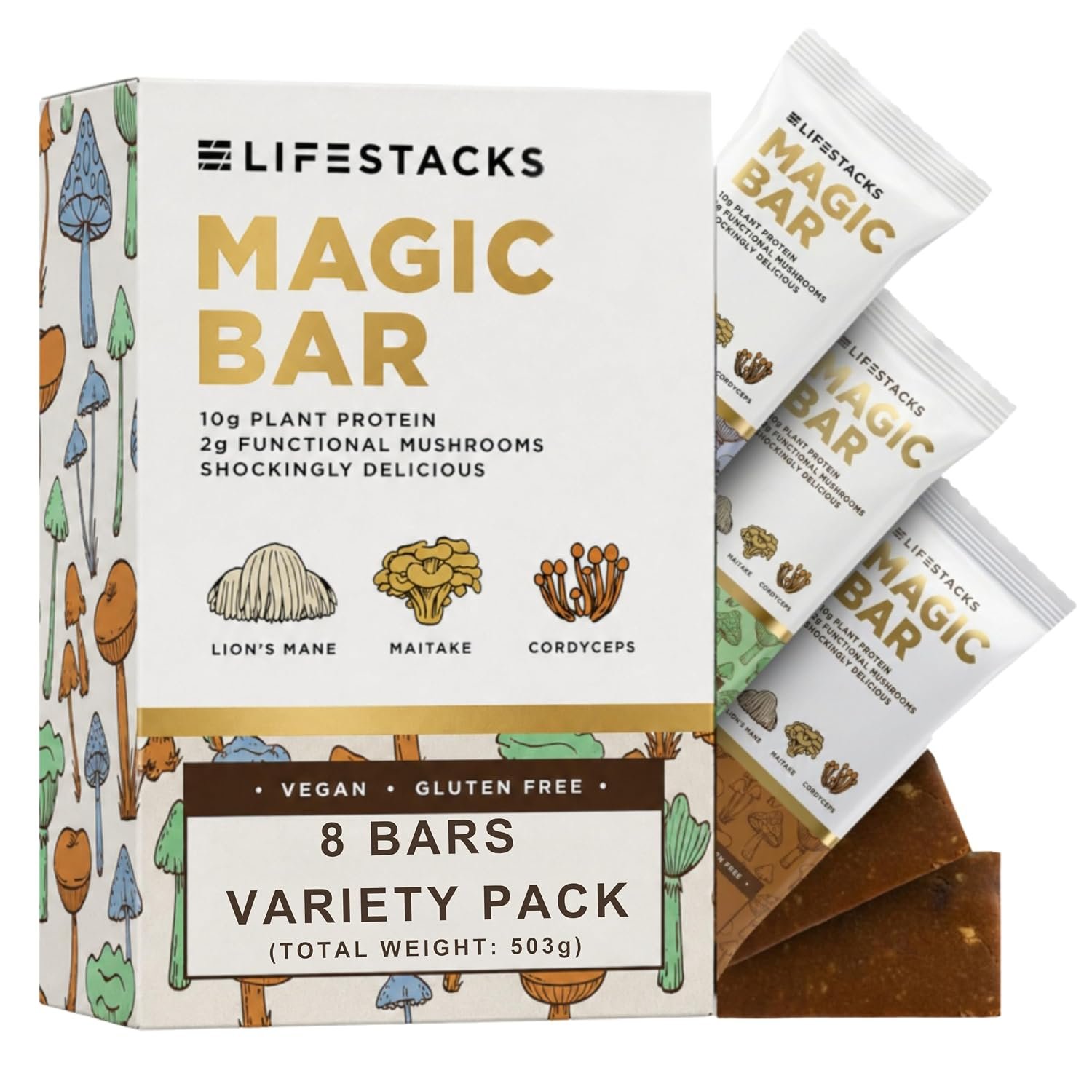 Magic Bar Functional Mushroom Energy Bars – 10g Plant-Based Protein – Vegan Protein Bars with Lion’s Mane, Cordyceps & Maitake | Adaptogen Superfood Blend | Made in USA | 8-Pack Variety Box