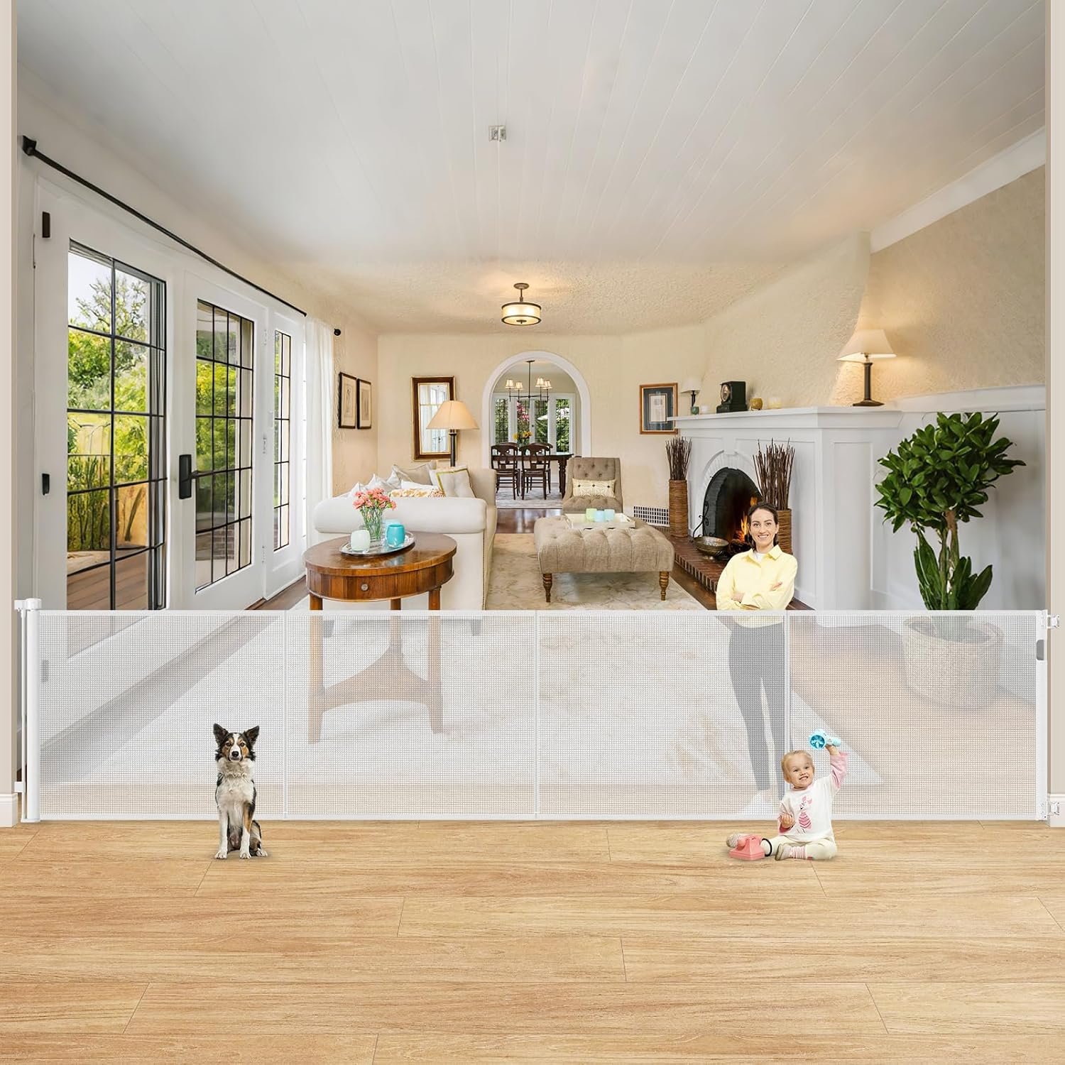 Reinforced 42″ Extra Tall Retractable Baby Gates for Doorway, 200″ Retractable Dog Gate With Support Rod, 16ft Extra Long Baby Gate for Large Opening, Bottom Anti-Crawl Indoor/Outdoor Mesh Child Gates