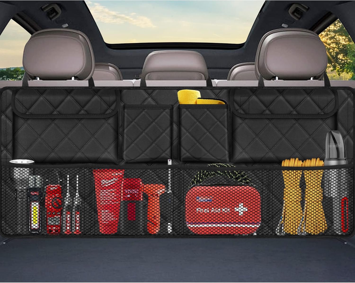 Femuar Car Trunk Organizer, Large Capacity Backseat Trunk Organizer (42″*18″), Collapsible Car Storage Bag with 8 Pockets, SUV/MPV/Truck – Black