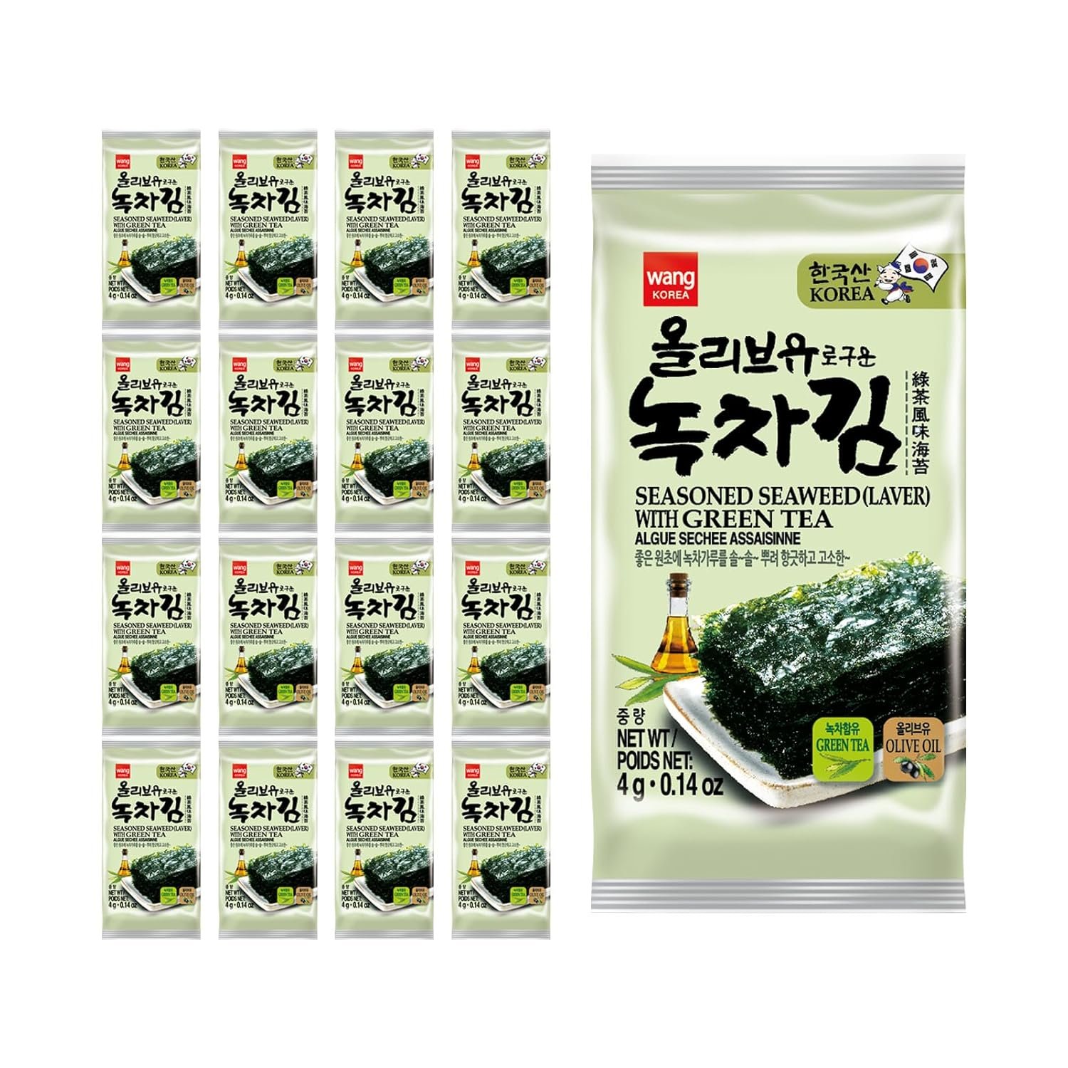 Wang Olive Oil Roasted Seaweed Snack with Green Tea, Gluten-free, Keto-friendly, Vegan, Healthy Snack 0.14 Ounce, Pack of 24