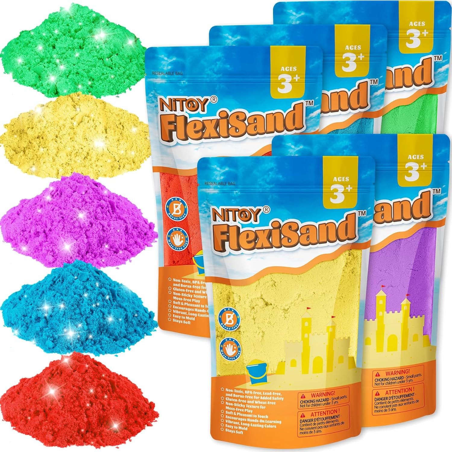 NiToy FlexiSand Value Pack 11lbs of 5 Colored Moldable Self-Sticking Toy Sand,Never Dries Out – Fun for Kids Bulk Refill for Sensory Sand Box Toys,Ideal for Shaping,Squeezing,Scooping and Rolling