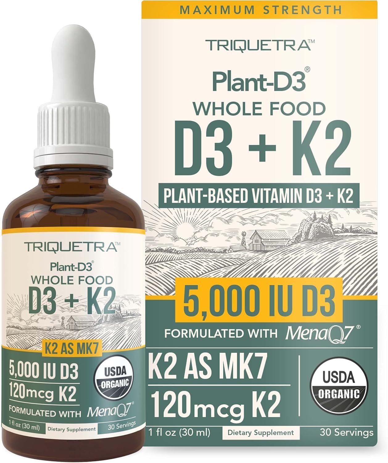 Organic Plant D3 + K2 (5000 iu D3) – All-Trans MK7 from MenaQ7 (120 mcg K2) – 100% Organic & Plant-Based Sublingual D3 Drops (Cholecalciferol), 100% Vegan – Supports Immunity, Bone(1oz)