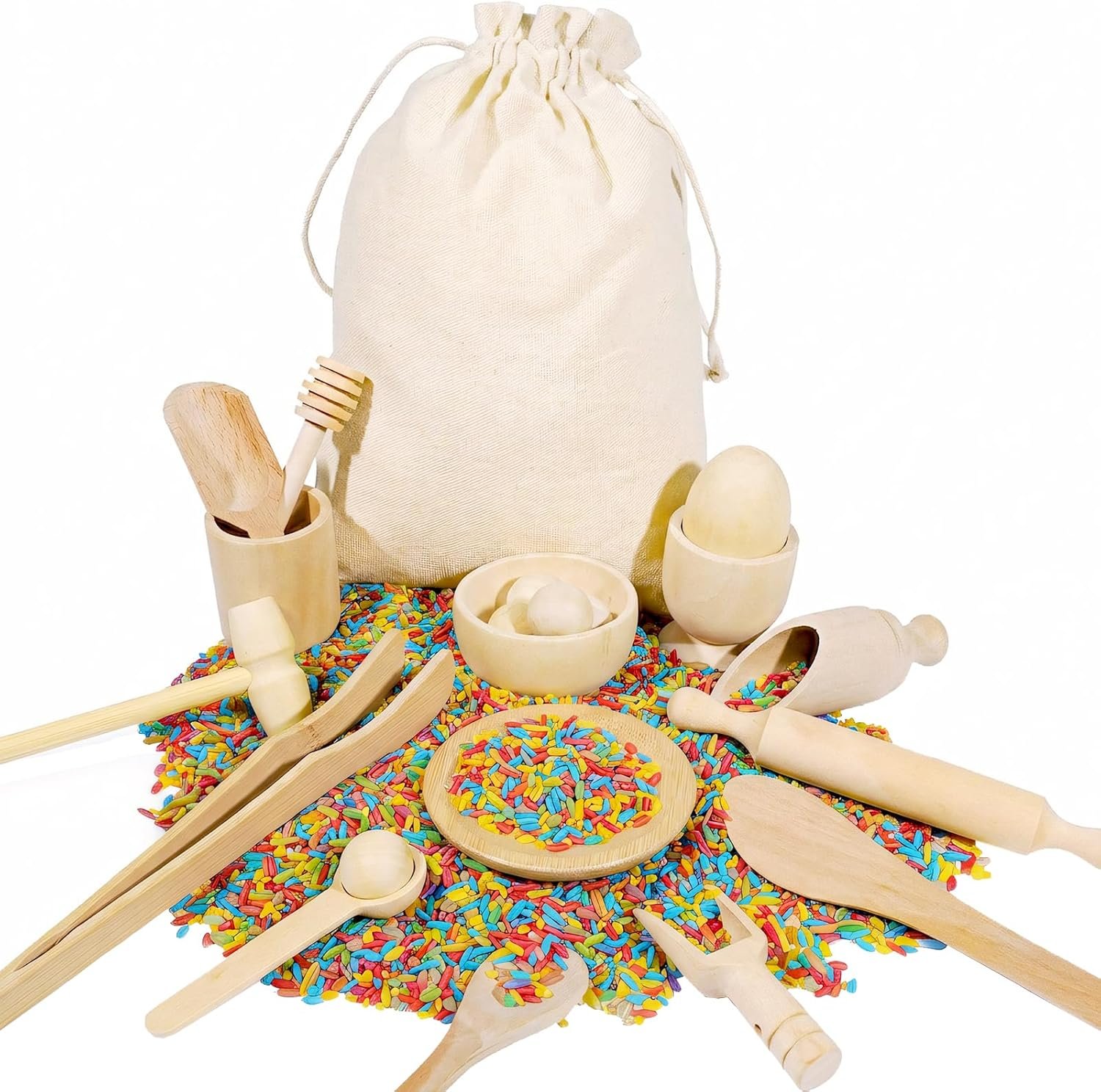Hiawbon 25PCS Wooden Sensory Bin Tools for Toddlers, Wooden Pretend Play Sensory Tools Set, Montessori Sensory Wooden Toys, Fine Motor Learning Toys for Counting Sorting Hammering Pounding