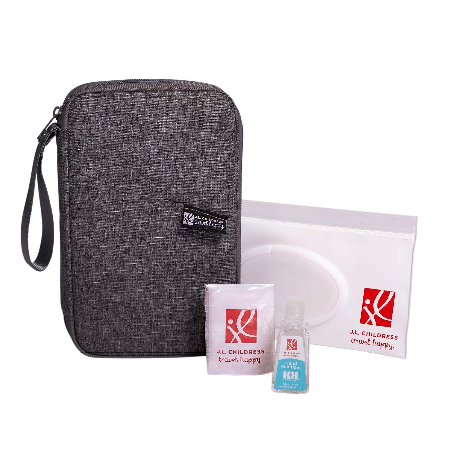 J.L. Childress Healthy Habits On-The-Go Clutch with Baby Wipes Case, Hand Sanitizer, Travel Tissues – Organize and Carry PPE – Baby Wipes Container – Travel Clutch and Organizer – Dark Grey