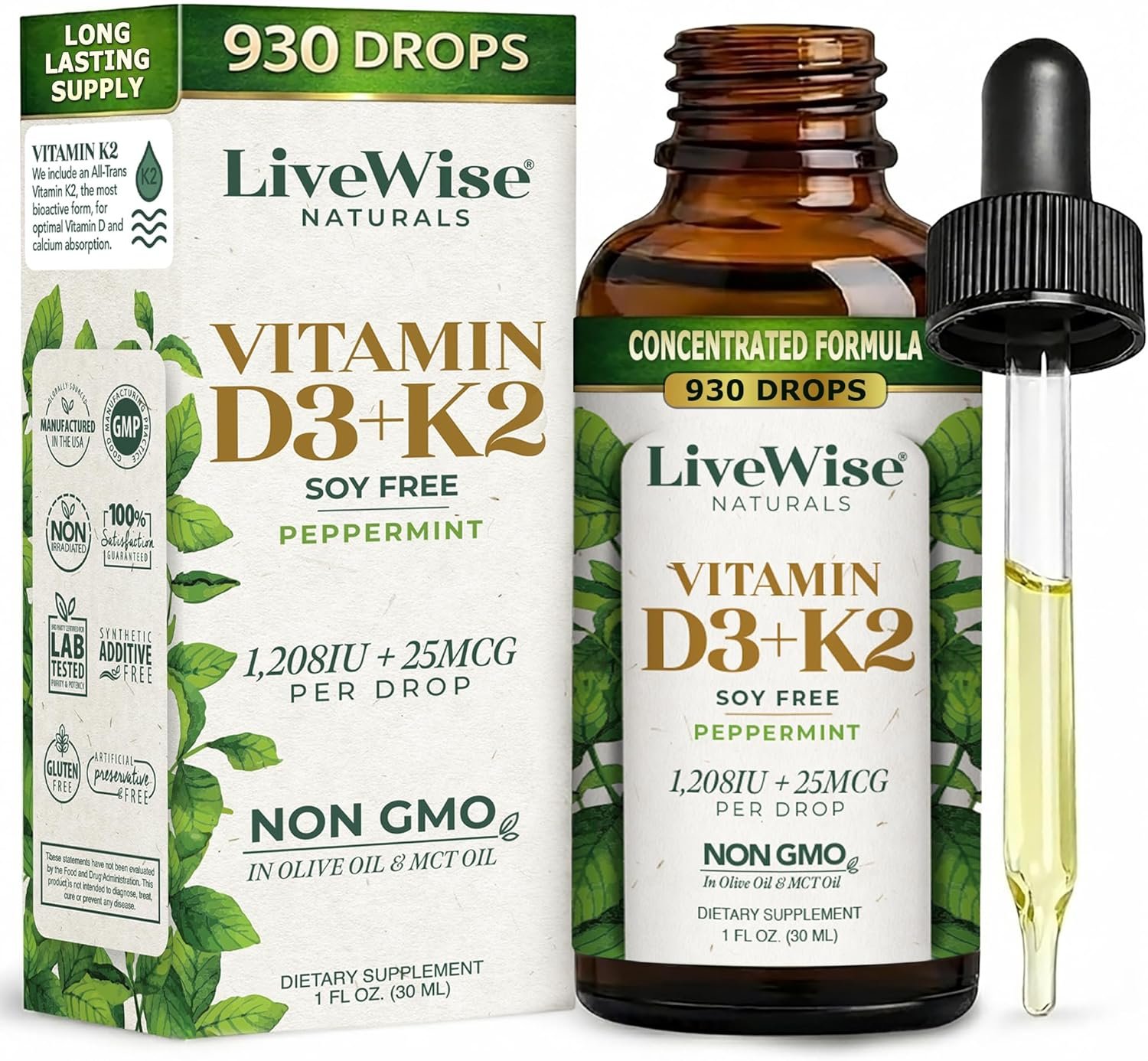 Live Wise Naturals Vitamin D3 K2 (MK-7) Peppermint Drops for Adults – 930 Drops, Ultra Concentrated Formulation, 1208 IU Vitamin D3, 25 MCG – Precision Micro-Dosing Dropper for Calcium & Bone Support