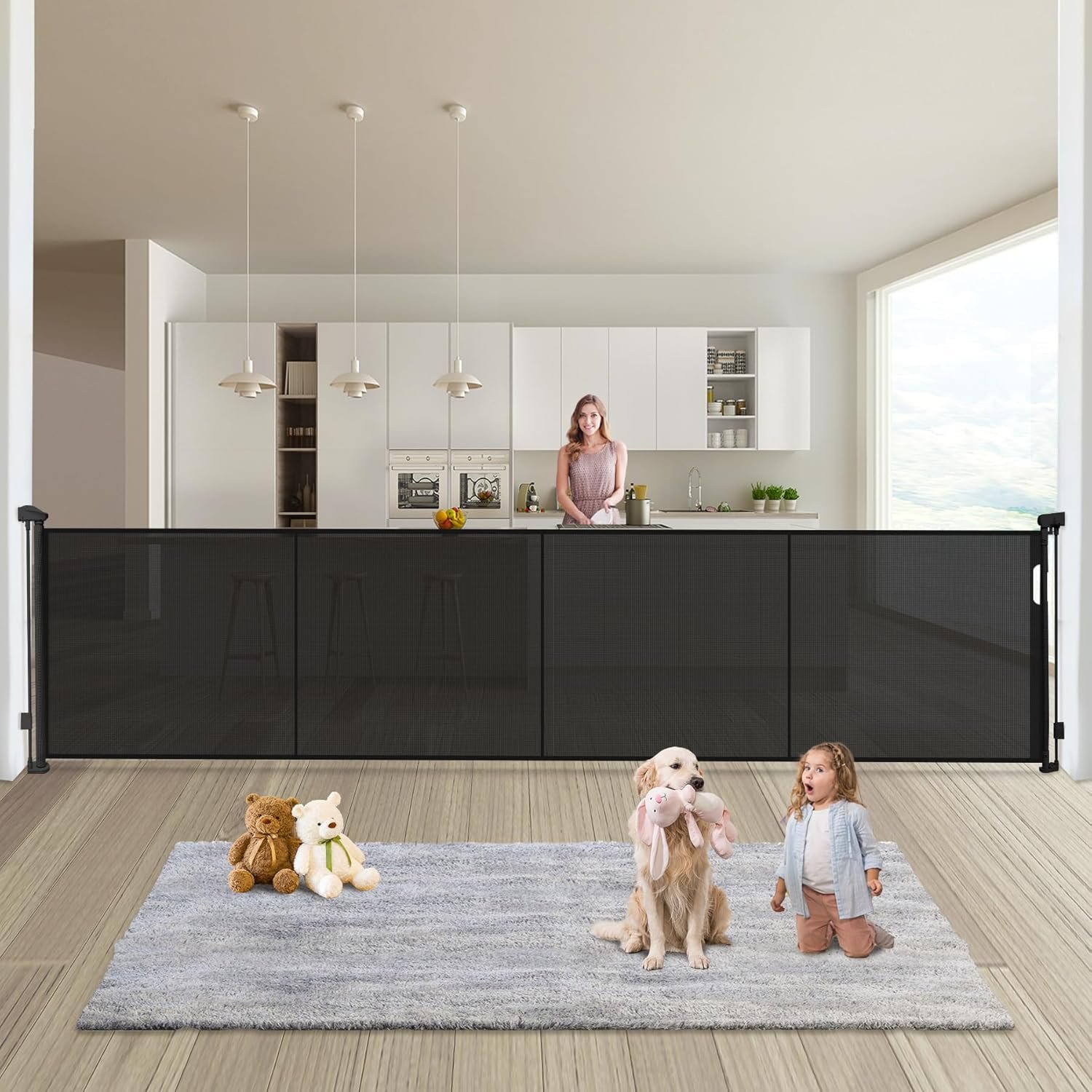 Retractable Baby Gates Dog Gate – 200″ Extra Wide Expandable Child Safety Gate, 37″ Tall Toddler Pet Mesh Gate with Reinforced Strips for Doorways, Stairs, Hallways, Outdoor & Indoor Large Openings