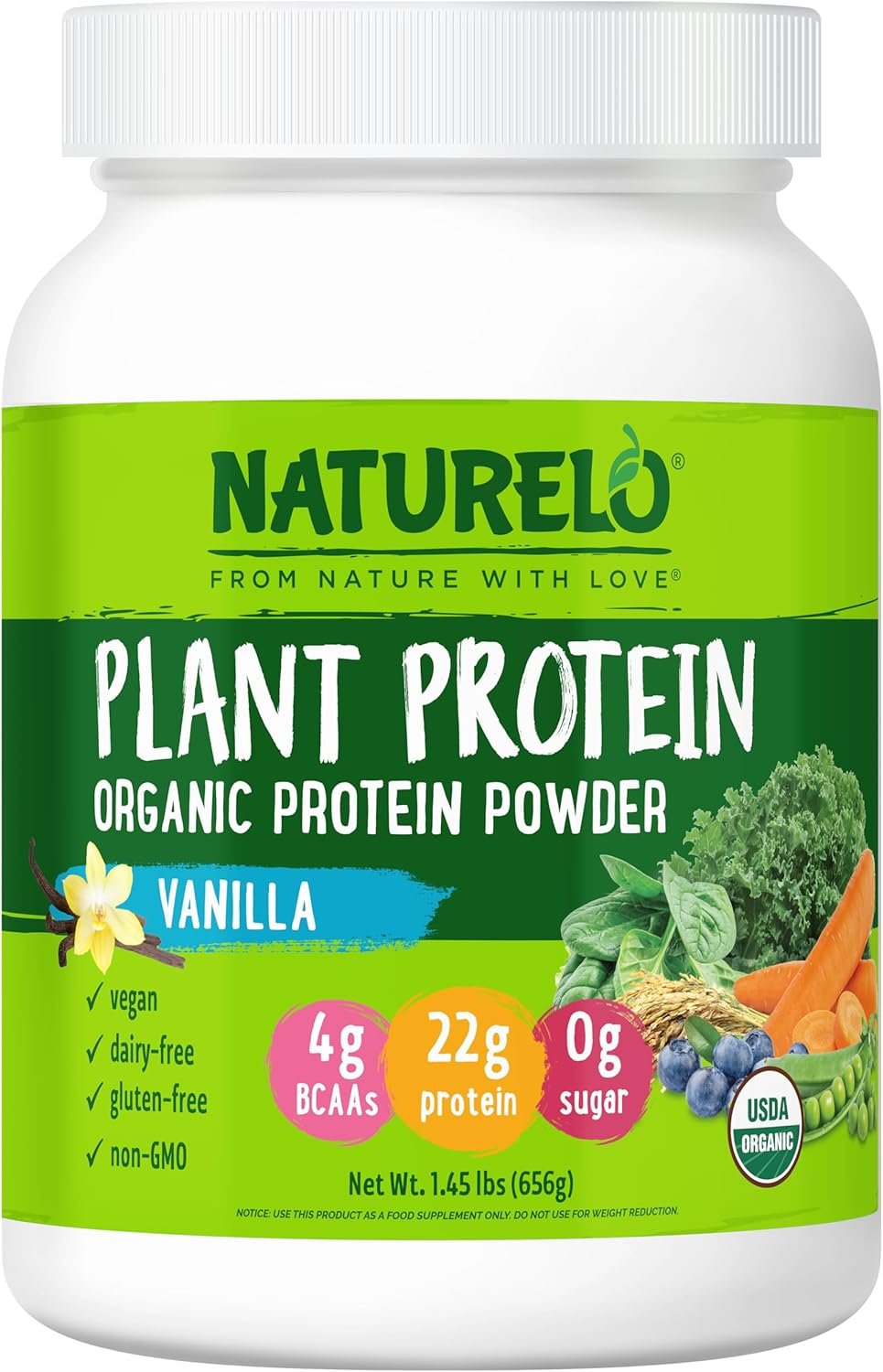 NATURELO Plant Protein Powder, Vanilla, 22g Protein – Non-GMO, Vegan, No Gluten, Dairy, or Soy – No Artificial Flavors, Synthetic Coloring, Preservatives, or Additives – 20 Servings