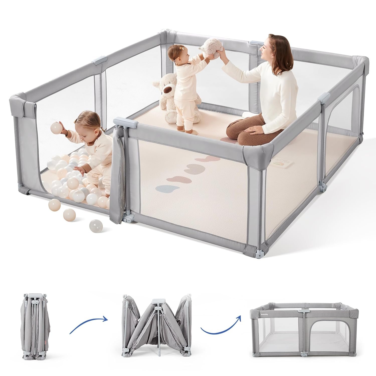 Sweeby Baby Playpen, 79×71 Inch Gate Foldable for Babies and Toddlers, Extra Large with Door Play Yard for Fence Indoor and Outdoor, Gray