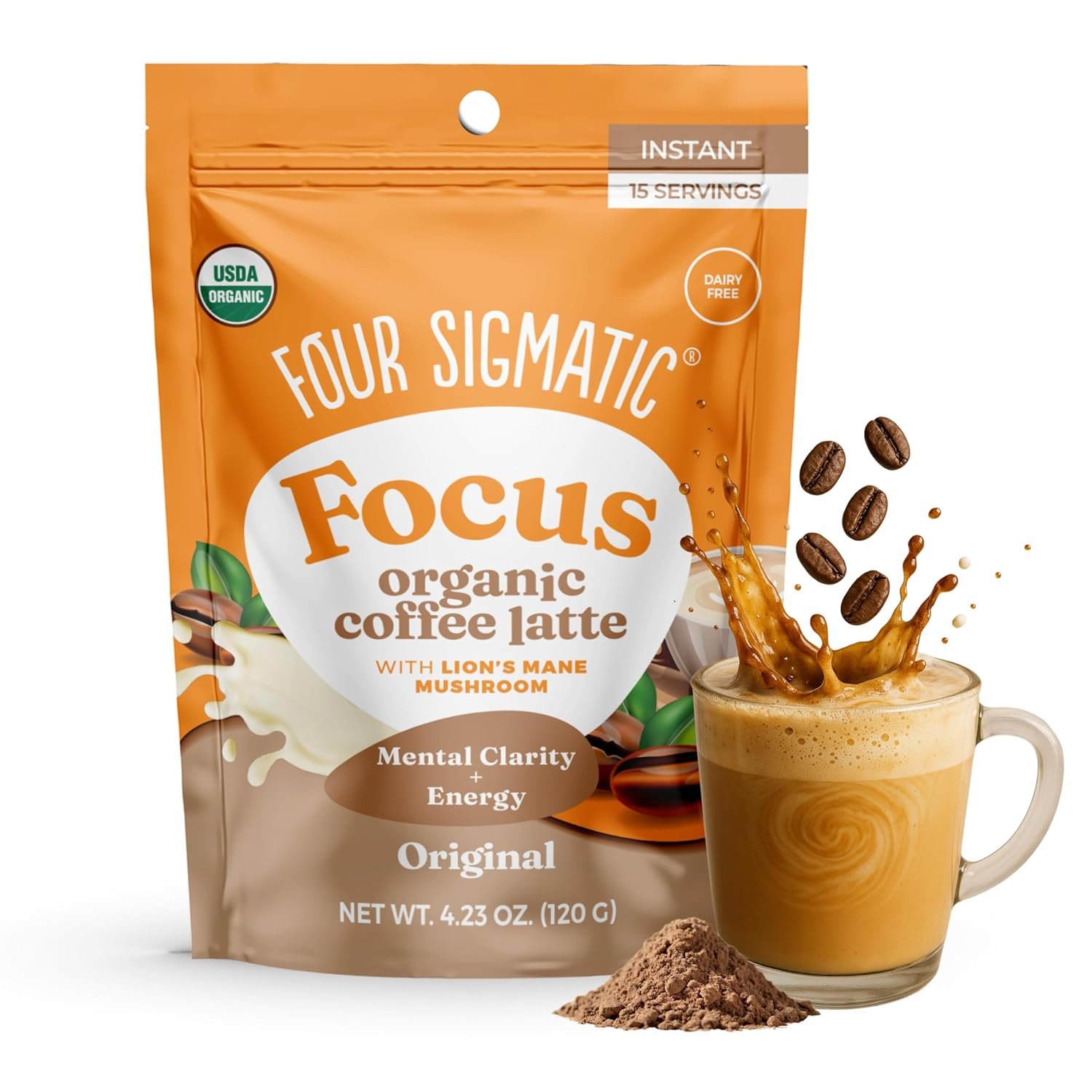 Four Sigmatic Original Focus Mushroom Coffee Latte | Plant-Based Organic Instant Latte with Lion’s Mane Mushroom for Focus and Mental Clarity | Made With Just 5 Organic Ingredients | 4.23 oz Bag