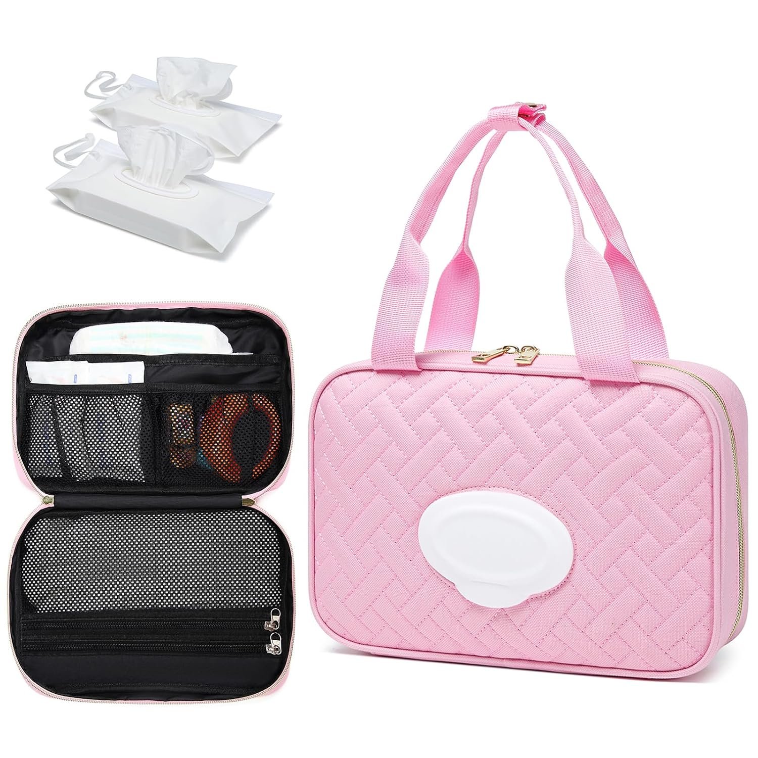 Diaper Bag Organizer with 2 Pieces Wipes Dispensers, Portable Stroller Mini Diaper Bag Pouches Travel Gear, Foldable Newborn Baby Essentials, Small Clutch, PInk