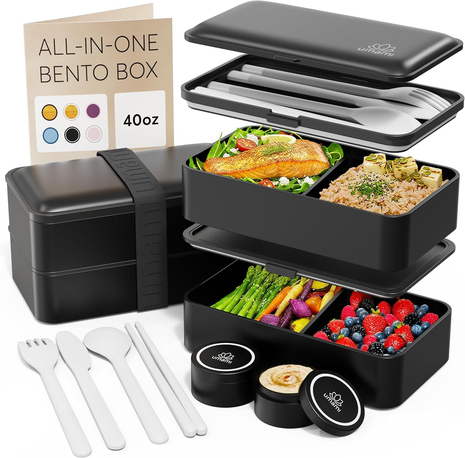Umami Bento Box Adult All-In-1 w/4 Utensils, 2 Sauce Jar, 2 Dividers, 100% Leakproof, Microwave & Dishwasher Safe, Stackable Bento Lunch Box Containers for Men/Women, Matte Black, 40 oz