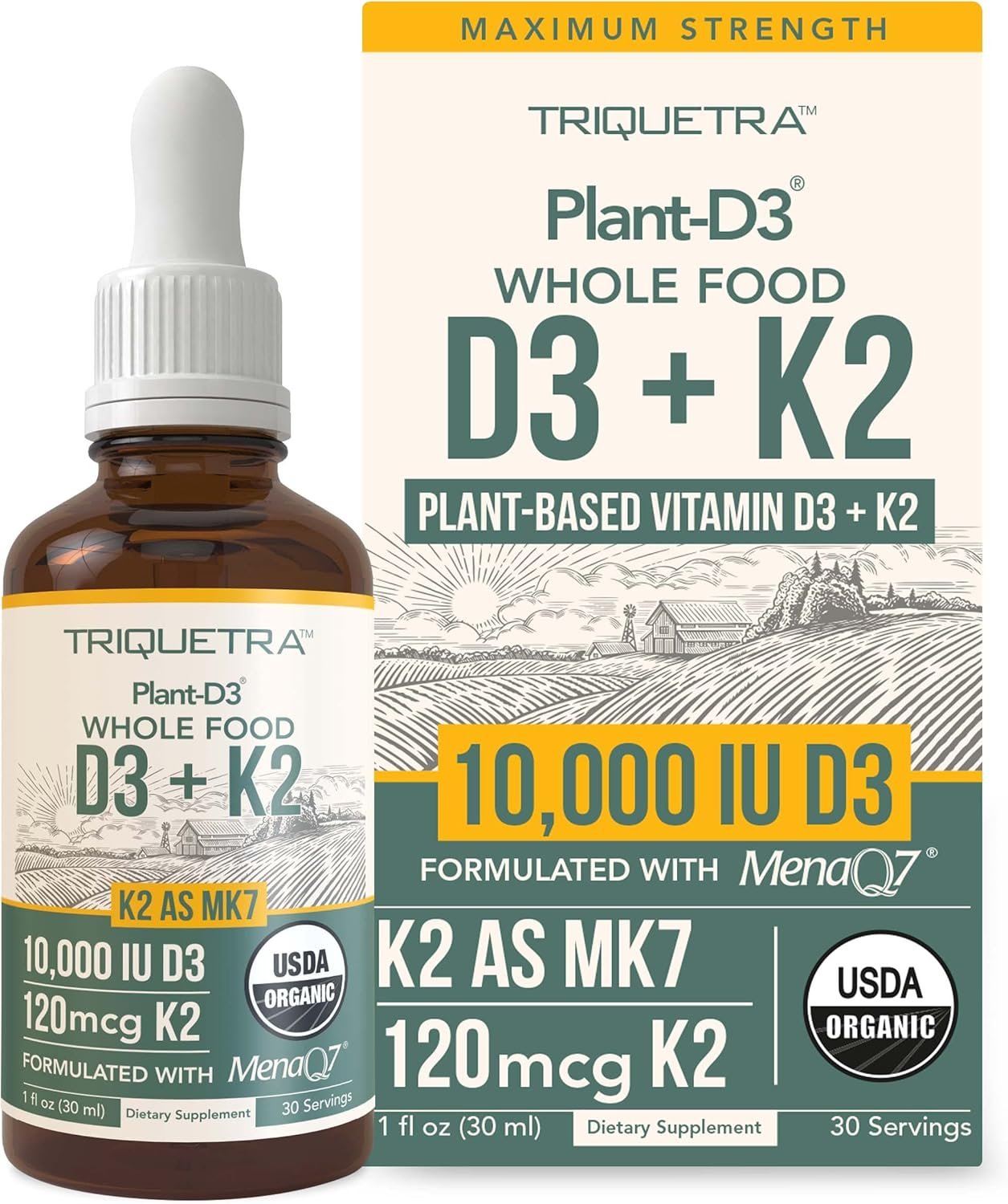 Organic Plant D3 K2 vitamin 10000 iu – All-Trans MK7 from MenaQ7 (120 mcg K2) – 100% Organic & Plant-Based Sublingual D3 Drops 10,000 iu (Cholecalciferol), 100% Vegan – Supports Immunity, Bone, Brain