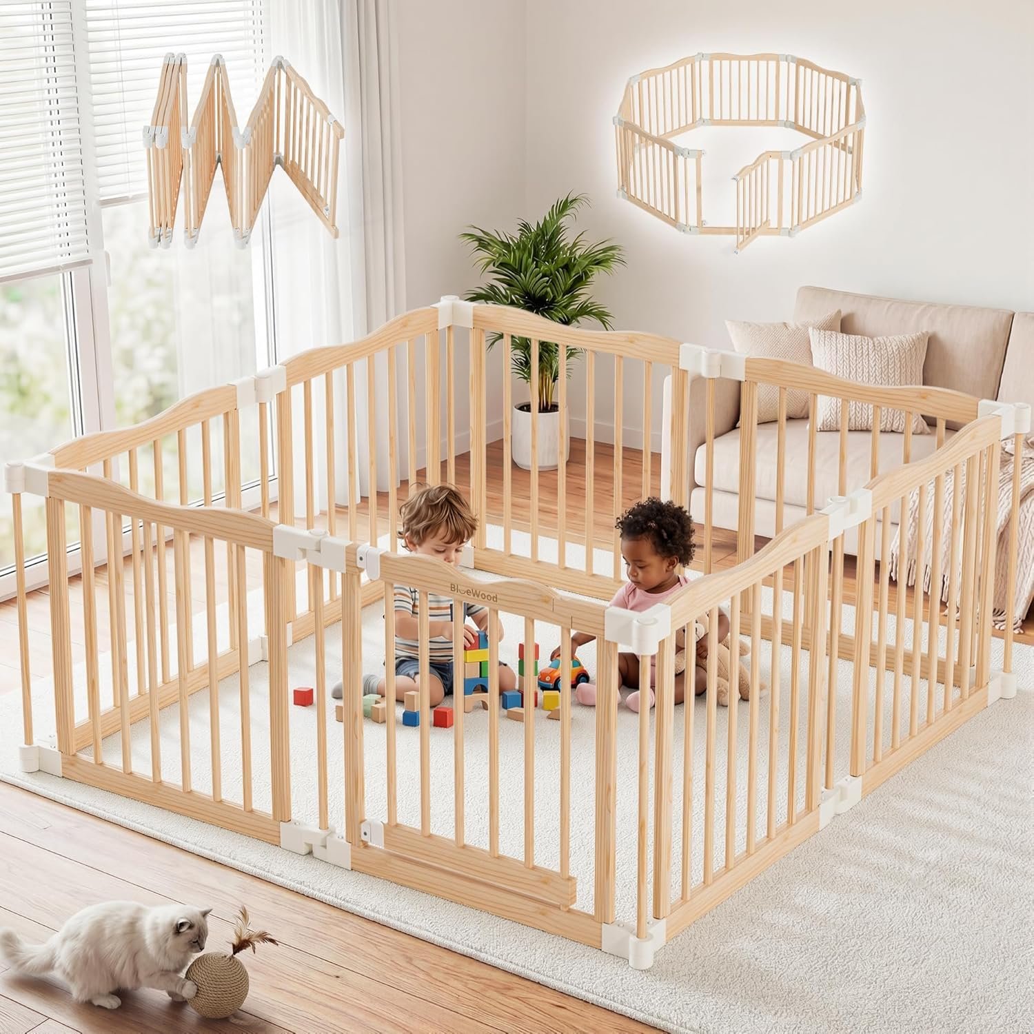 Foldable Wooden Playpen – Adjustable Wood Baby Play Yard with Door, Indoor Large Safety Fence for Babies and Toddlers – Easy Assembly, Natural, 55 x 55 x 24 inches