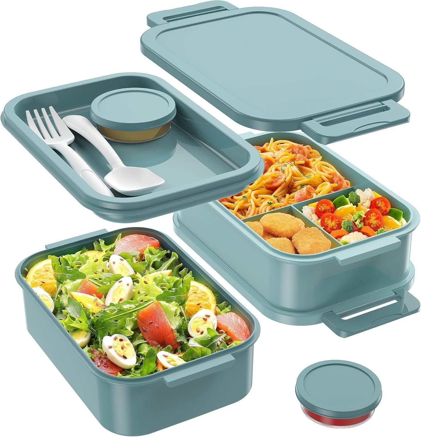 Jelife Bento Box Adult Lunch Box – 72oz Stackable Bento Lunch Box for Adults, 3 Layers All-in-One Large Bento Box Leak-Proof Lunchbox with Utensil Sauce Dressing Containers for Dining Out,Work, Green