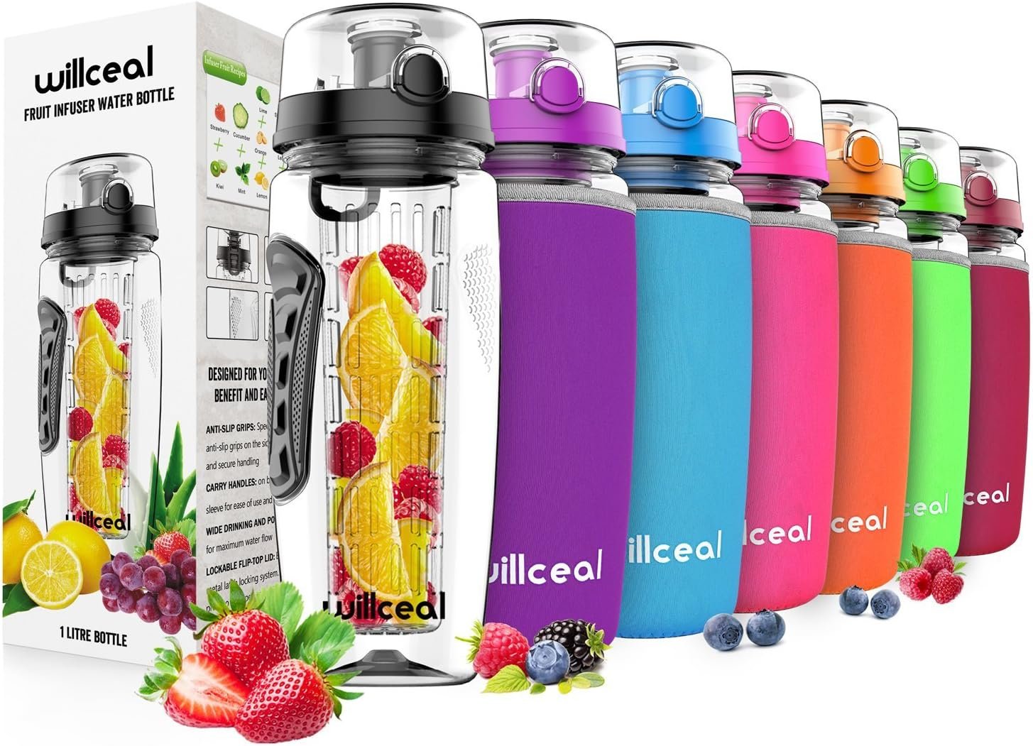 Fruit Infuser Water Bottle 32oz- Durable, Large – BPA Free Tritan, Flip Lid, Leak Proof Design – Sports, Camping