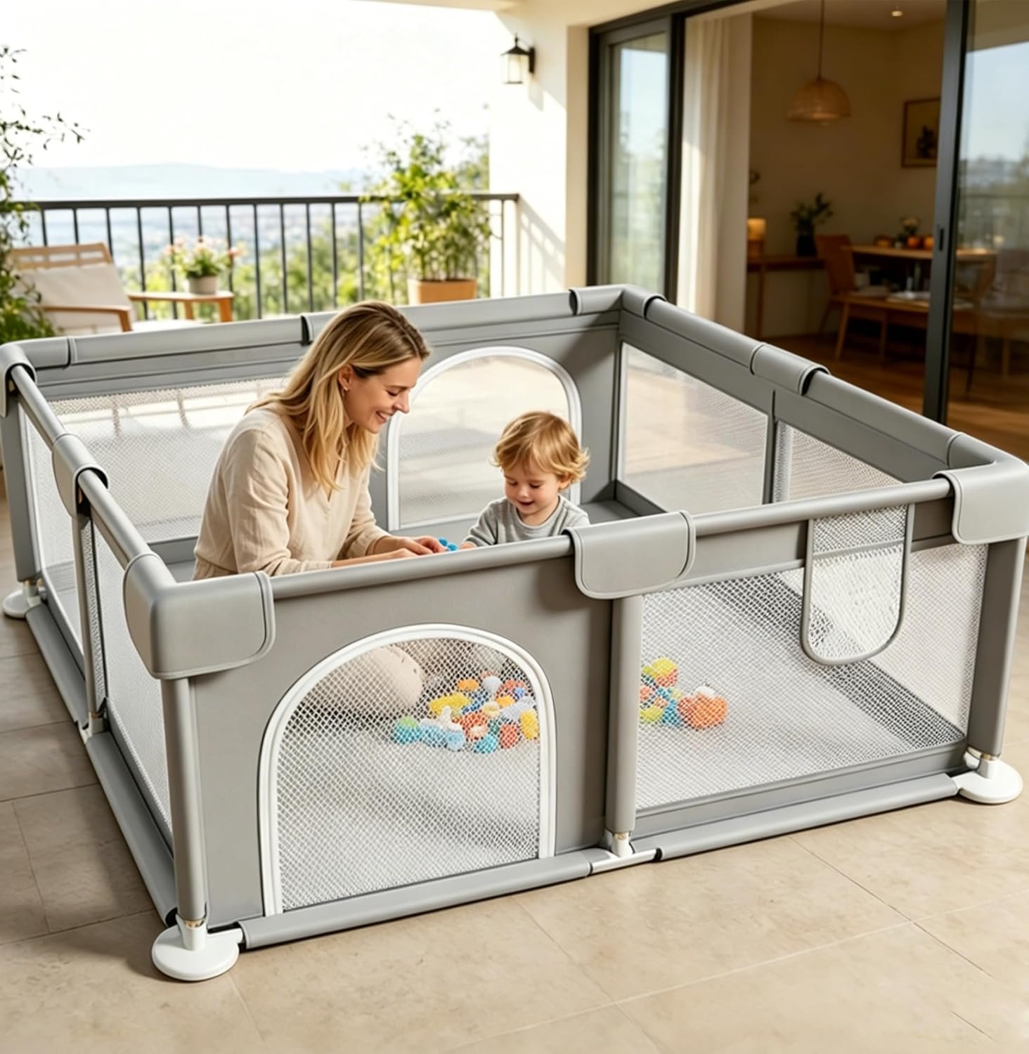 Large Play Yard 47×47 Playpen, Safe Anti-Fall Design, Breathable Mesh, Indoor & Outdoor Use, Easy Assembly, Grey