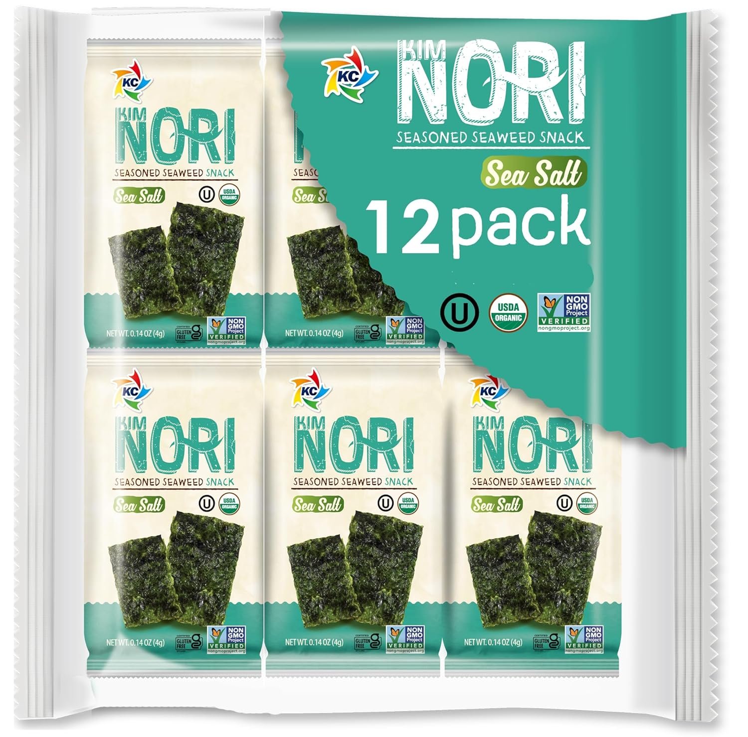 KIMNORI Organic Roasted Seaweed Snack – Sea Salt Seasoned Nori Sheets – Gluten-Free, Non-GMO & Kosher Healthy Snacks – Premium Made in USA – 12 Pack (4g Each)