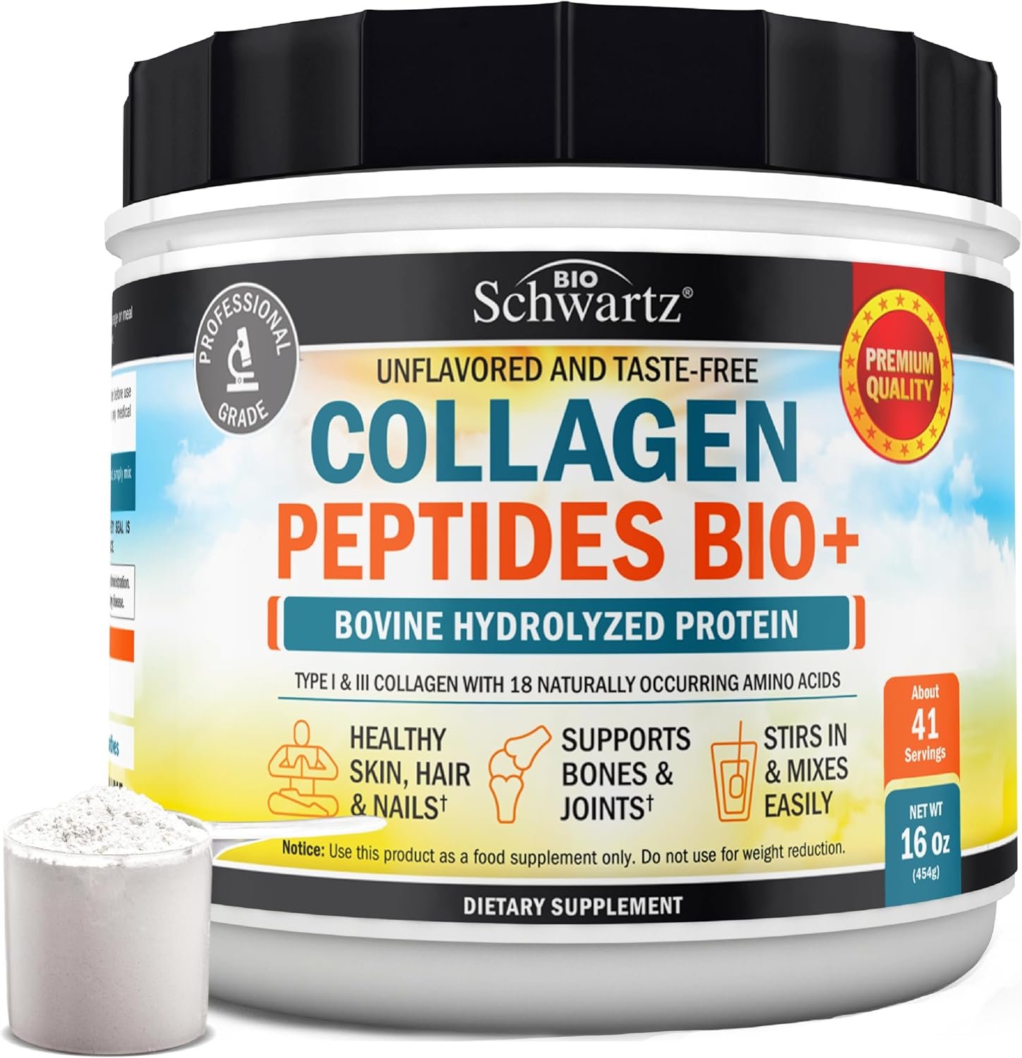 BioSchwartz Collagen Peptides Powder for Women and Men – Grass Fed Hydrolyzed Collagen Powder – Types I and III with 10g Protein for Hair, Skin, Nail, & Joint Support – 41 Servings – 16oz Unflavored