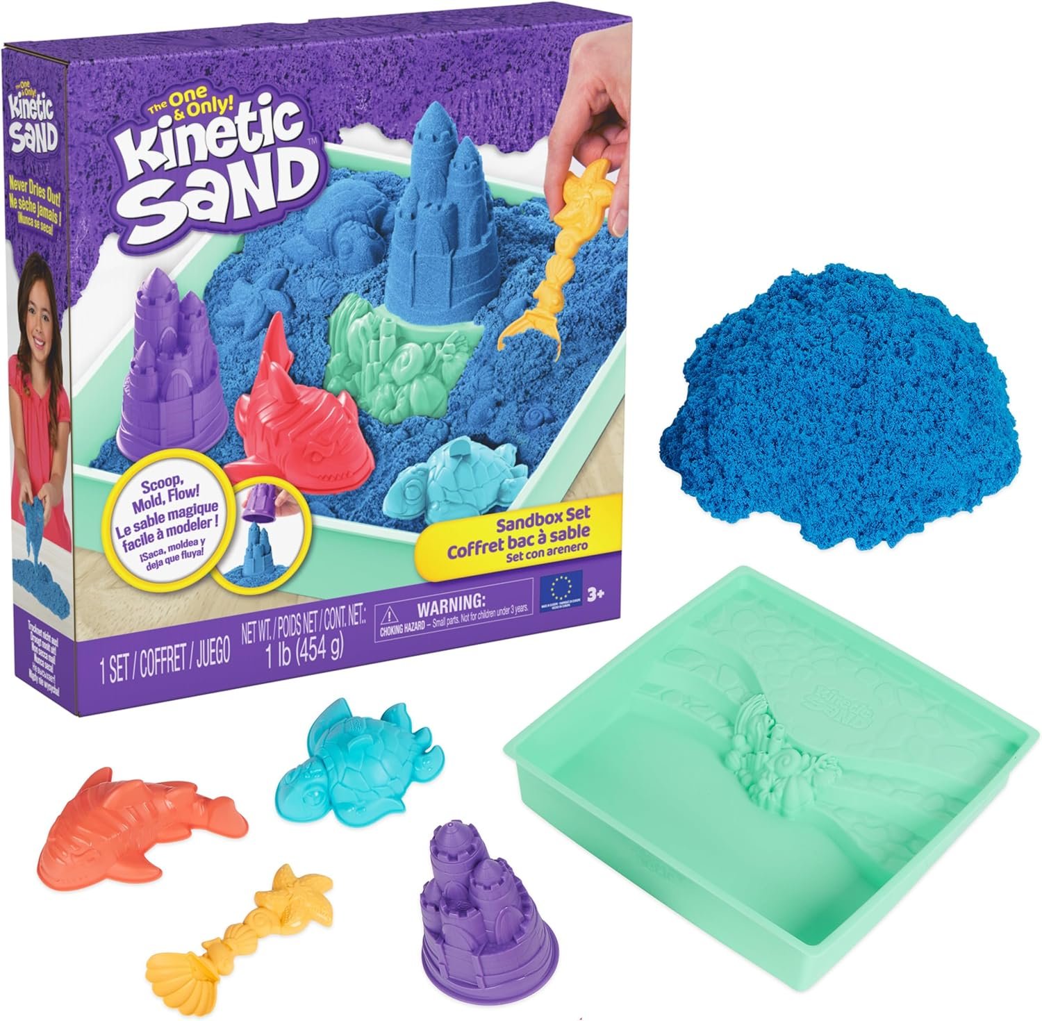 Kinetic Sand, Sandbox Set with 1lb Blue Play Sand, 4 Tools & Molds, Storage, Sensory Toys for Kids Ages 3 and up