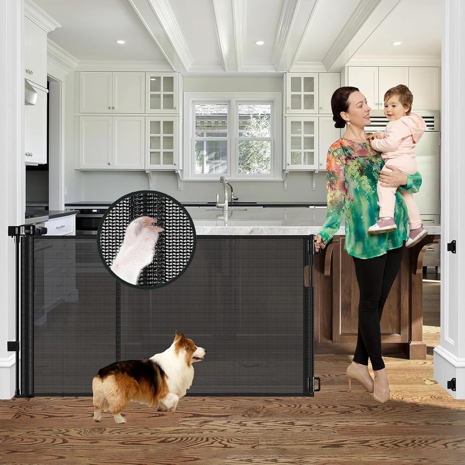 Reinforced 60″ Wide Retractable Baby Gates with Upgraded Rods – Bottom Anti-Escape, 5 ft Mesh Baby Gate Retractable Dog Gate Indoor Pet Gate Retractable Stair Gate Outdoor Retractable Gate, Black