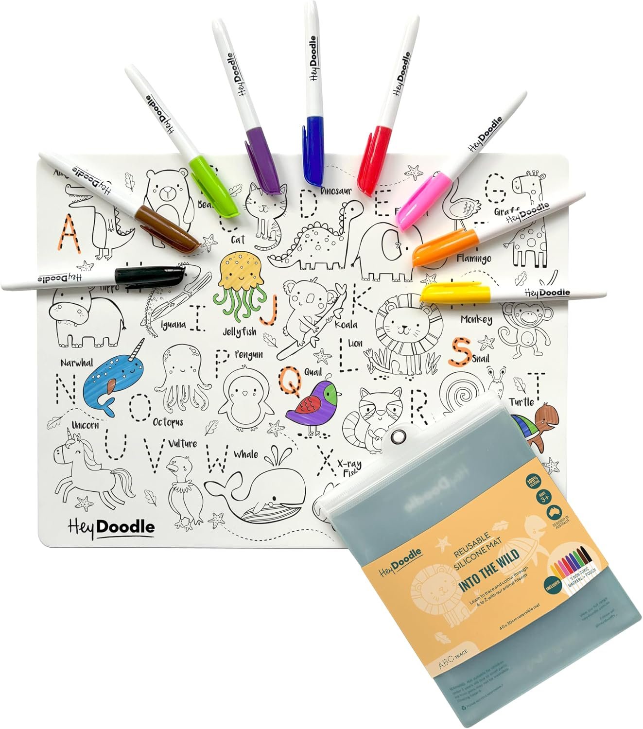 HeyDoodle Into The Wild Classic Doodle Mat – Reusable Silicone Alphabet Coloring Mat for Toddlers and Kids – Educational Animal Activity Pad with 9 Markers – Mess-Free Travel Toy – Ages 3-7