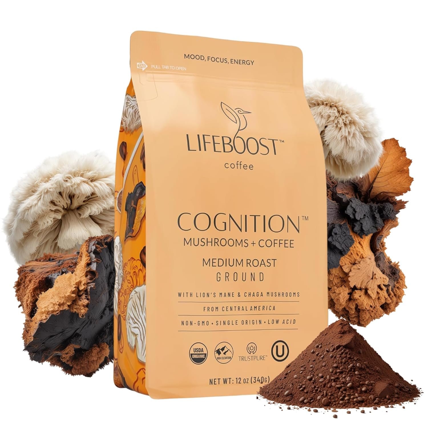 Lifeboost Cognition Focus Coffee for Calm Energy – Lion’s Mane Mushroom Coffee with Chaga – Organic Medium Roast Nootropic Coffee – Low Acid Adaptogenic Coffee – 12 oz Ground
