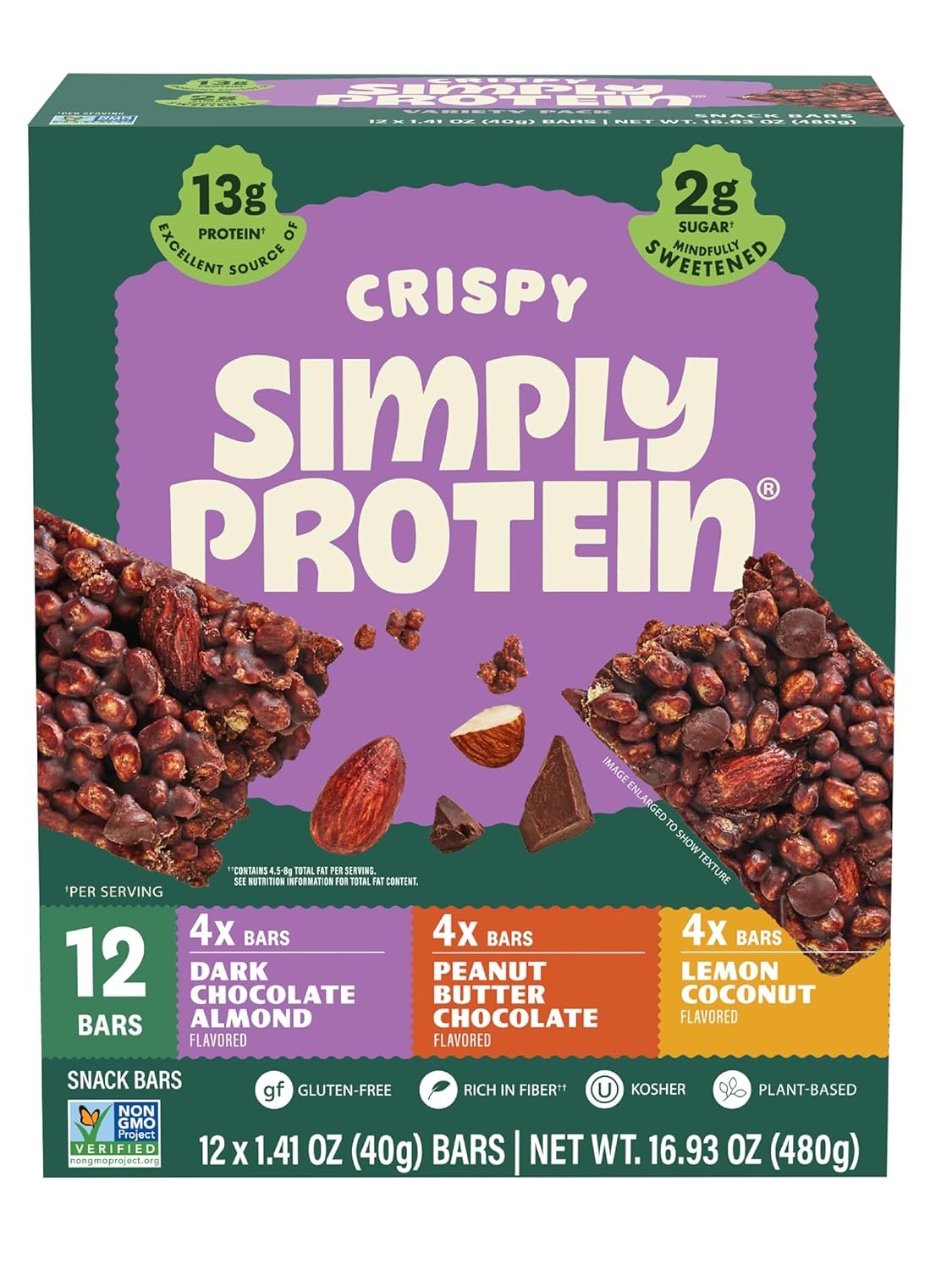 Simply Protein – Crispy Vegan Protein Bars Variety Pack, 3 Flavors – Plant Based, Protein Snacks – 13g Protein, 2g Sugar, 7g Fiber – Gluten Free, Non GMO, Kosher – 12 Bars