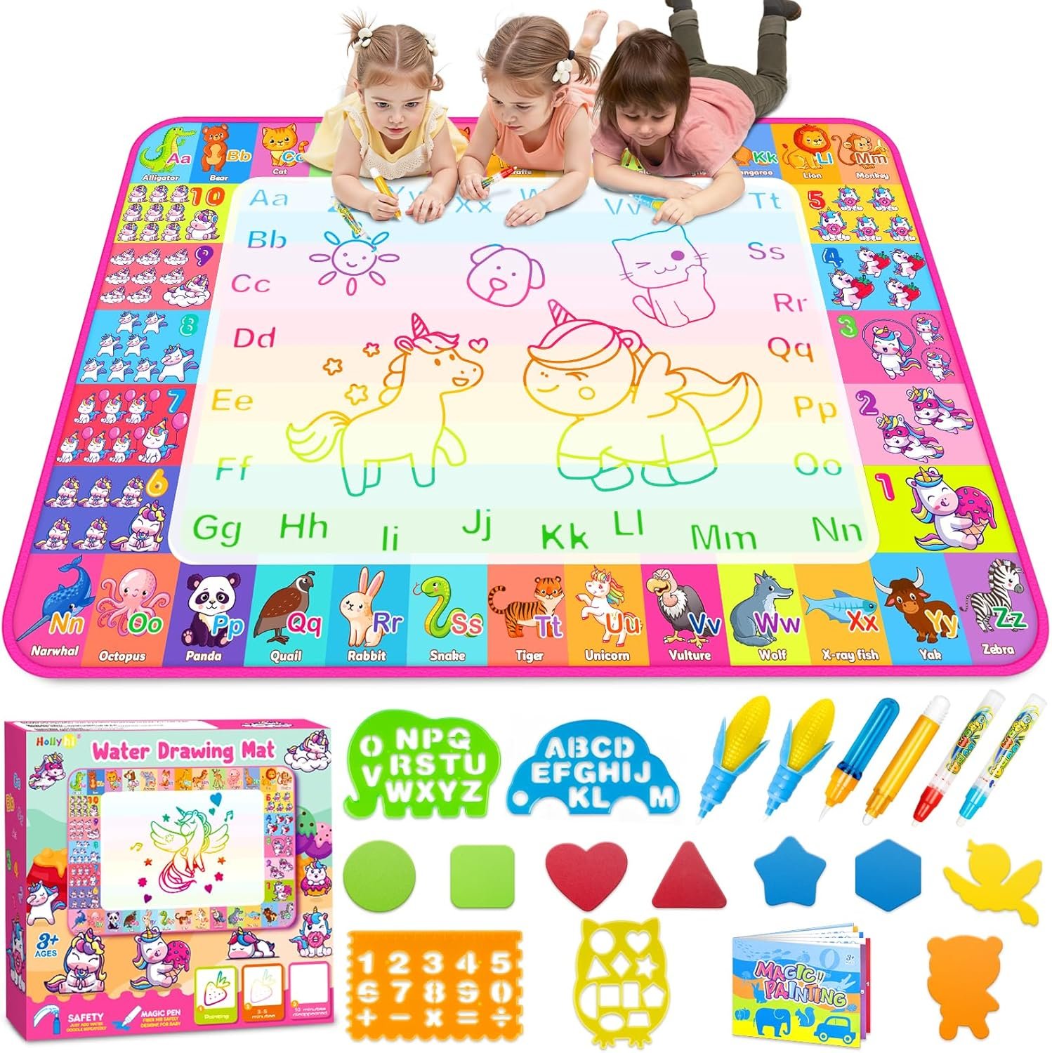 Aqua Water Doodle Mat – Kids Drawing Mat Toddlers Educational Toys for Age 3 4 5 6 7 8 Year Old Boys Girls Gifts – Neon Color Mat Doodle Board Writing Drawing Toys Holiday Christmas Birthday Gifts