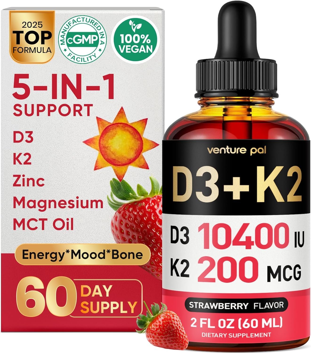 5-in-1 Vitamin D3 K2 Drops – Vitamin D3 10000 IU & K2(MK-7) 200mcg with Magnesium, MCT Oil, Zinc, Sugar Free Vitamin D Liquid Supplement|Maximum Absorption for Bone, Mood & Immune – 2 FL OZ, 60 Days