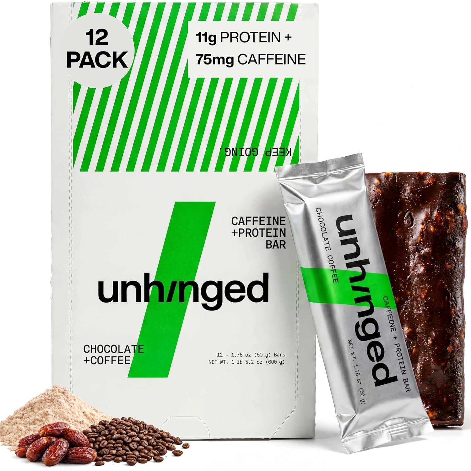 Unhinged Chocolate & Coffee Caffeinated Protein Bar – 11g Protein, 8g Fiber, 75mg Natural Caffeine, Gluten Free, No Sugar Alcohols, No Seed Oils, No Preservatives, Chef-Crafted – 12-Pack