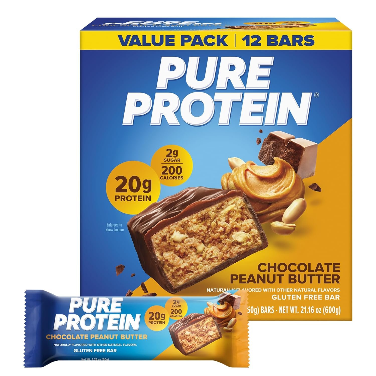 Pure Protein Chocolate Peanut Butter Protein Bars – 20g Protein, 3g Sugar, 190 Calories (12 count) Low Sugar* High Protein Snack – Gluten Free – Perfect for a Healthy Snack