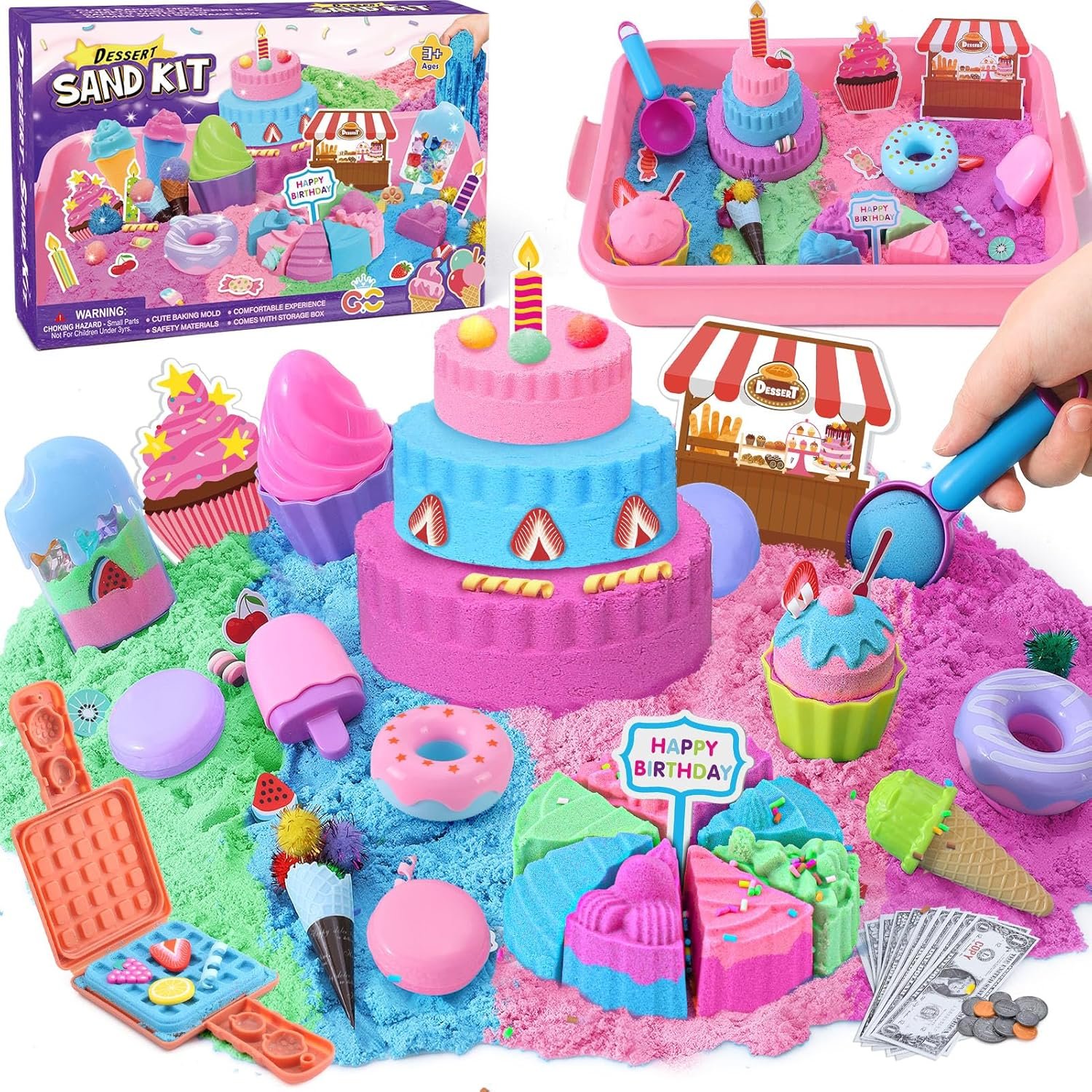 Golray Ice Cream Sensory Bin for Girls, Play Sand Art Kit with Sandbox, 2lb Magic Sand, Cake & Waffle Molds, Pretend Play Desserts Toys, Sensory Toy Set Gifts for Girl Toddlers Ages 3 4 5 6 7 8