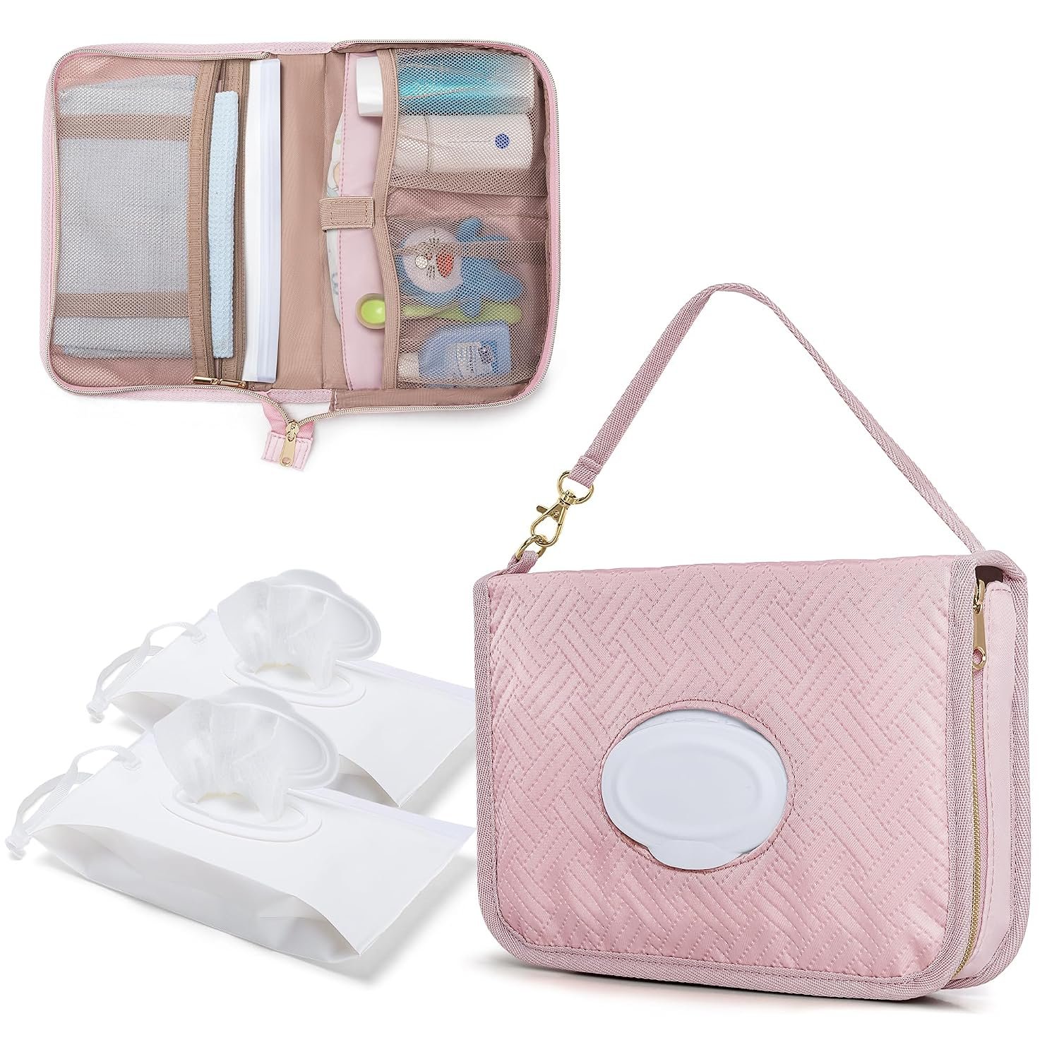 Rexmica Diaper Clutch Bag with 2 Pieces Wipes Dispensers, Small Diaper Bag with Multiple Pockets for Storage of Baby Necessities, Baby Travel Essential, Pink