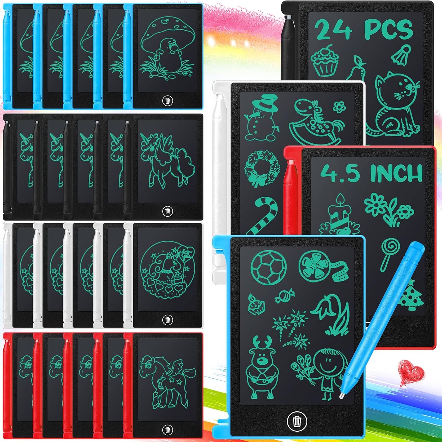 Zhehao 24 Pack LCD Mini Writing Tablet for Kids 4.5 Inch Doodle Board Bulk Erasable Reusable Electronic Drawing Pad Birthday Party Favors Goodie Bag Classroom Gifts(Blue,Black,White,Red)
