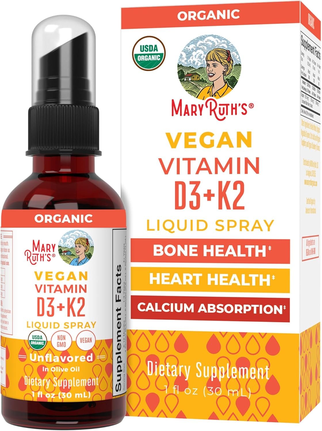 MaryRuth’s Organic D3 + K2 Spray for Adults & Kids for Bone Health | Vitamin D3 as Cholecalciferol | Vitamin K2 | Immunity | Mineral Absorption | Heart Health | Vegan | Non-GMO | Gluten Free | 1 Fl Oz