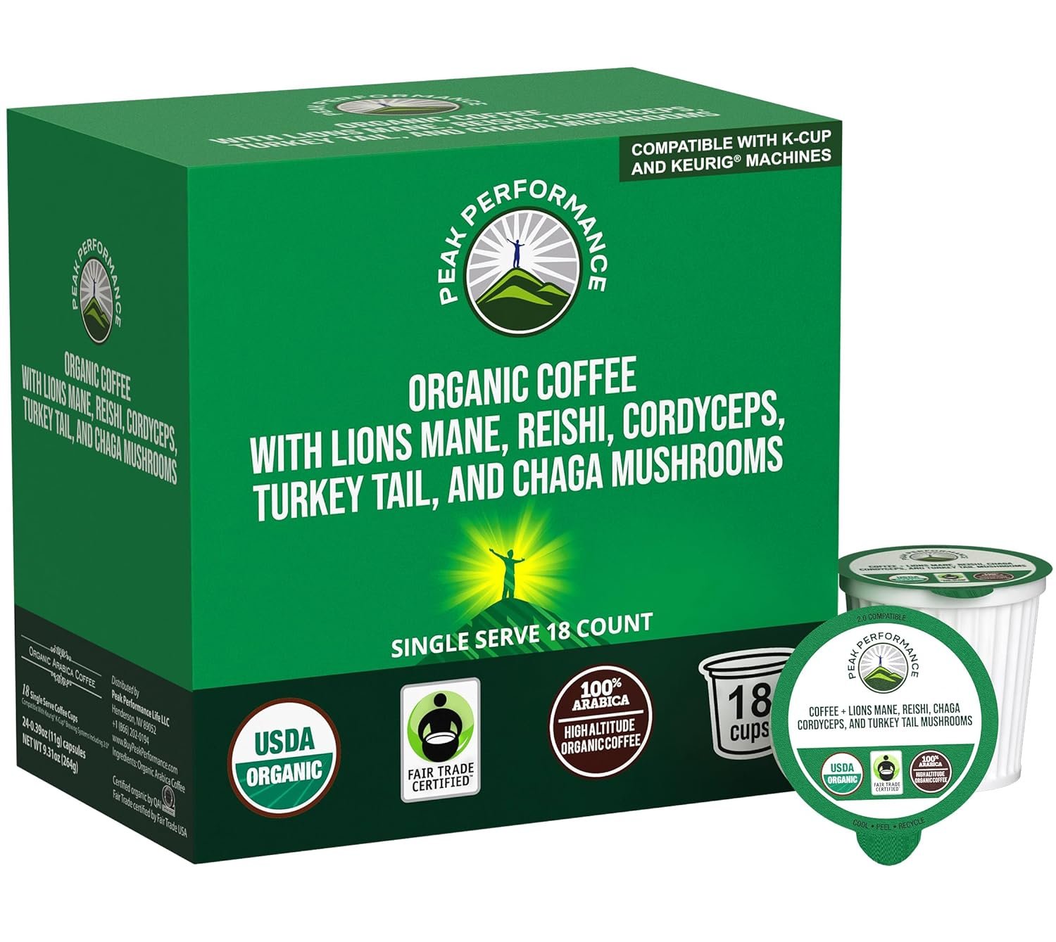 Organic Mushroom Coffee Pods with Lion’s Mane, Reishi, Cordyceps, Turkey Tail, and Chaga Mushrooms. High Altitude, Low Acid, Smooth Tasting, Fair Trade, Instant Nootropic Coffee (Medium Roast Ground)