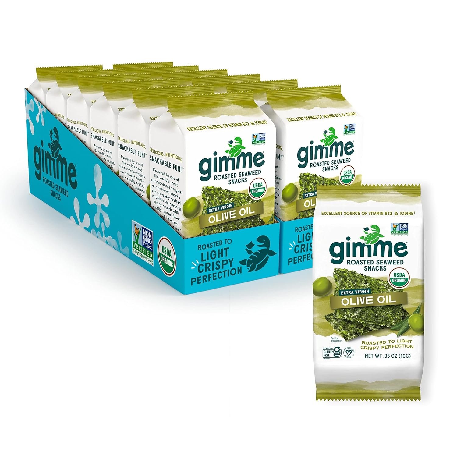 Gimme Seaweed Organic Premium Roasted Seaweed Snacks, Extra Virgin Olive Oil, 12 Count Sharing Size, Keto, Vegan, Gluten-Free, Source of Omega3s & Iodine, Healthy On-The-Go Snack for Kids & Adults