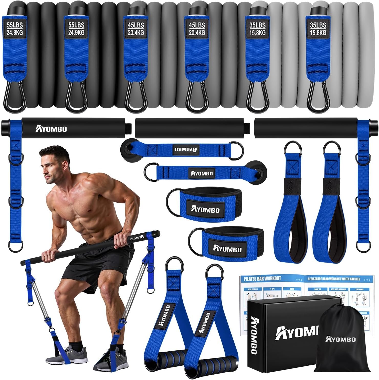Ayombo Pilates Equipment, Heavy Duty Pilates Bar Kit with Resistance Bands, Portable Gym Adjustable Exercise Bands, Home Squat Training, Arm, Abs, Waist, Chest Strength Workout Equipment for Men