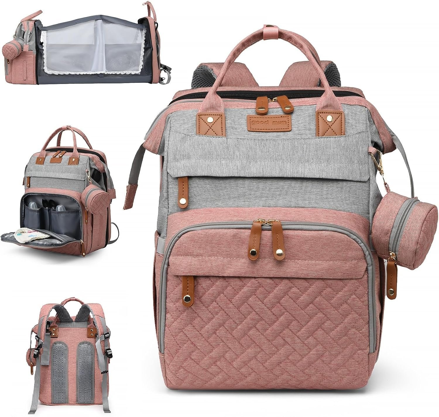 Baby Diaper Bags with Changing Station, Large Capacity Diaper Bag Backpack for Moms Dads with USB Charging Port,Travel Baby Bag with Pacifier Case,Baby Essentials(Up-PinkGrey)
