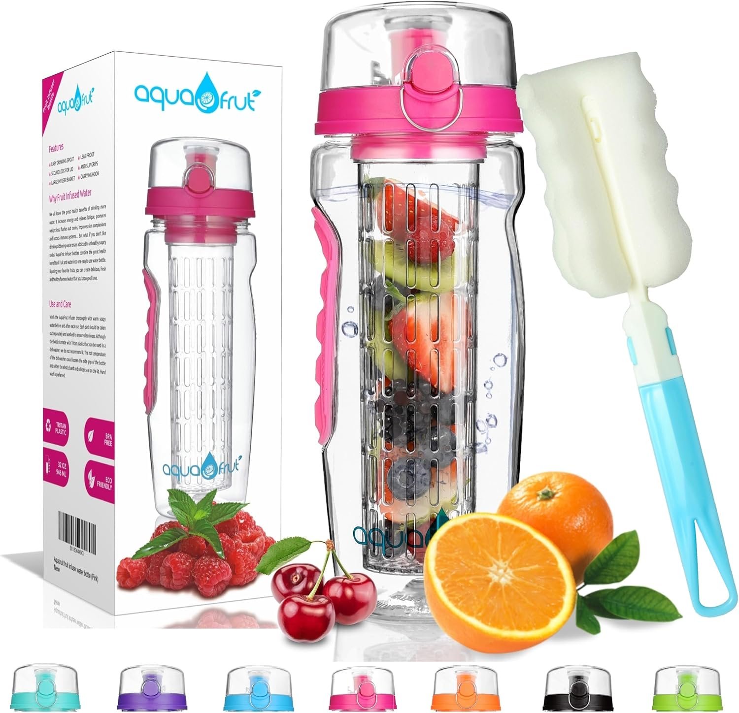 AquaFrut 32 OZ Fruit Infuser Water Bottle BPA-Free Fruit Infusion Sports Bottle – Flip Top Lid w Drinking Spout, Leak Proof, Made of Durable Tritan. Free Recipe eBook! (Pink)
