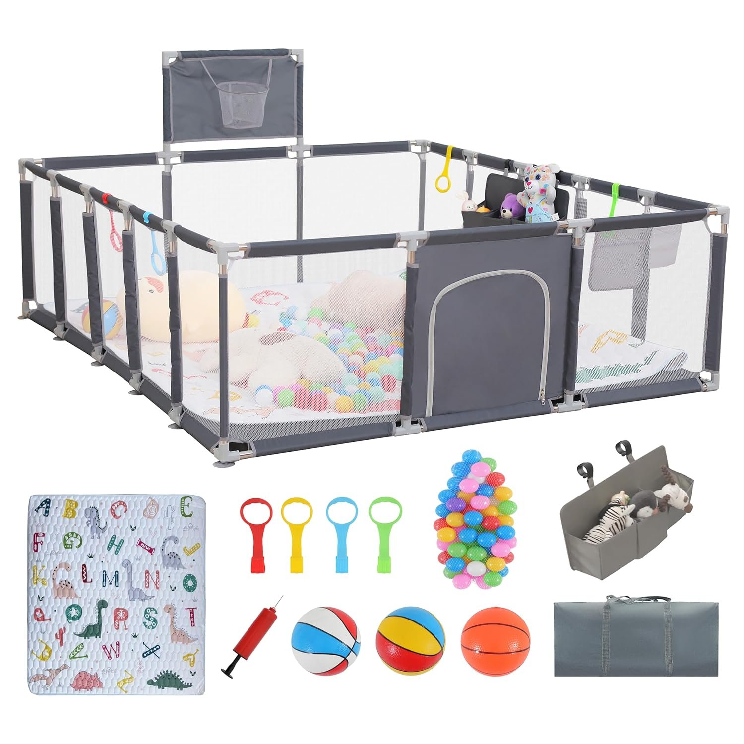 Baby playpen, 79″x71″Baby Playpen with Mat Indoor＆Outdoor Playpen for Babies and Toddlers with Breathable Play Pen with Ocean Balls Hanging Pocket Basketball Hoop (Gray)