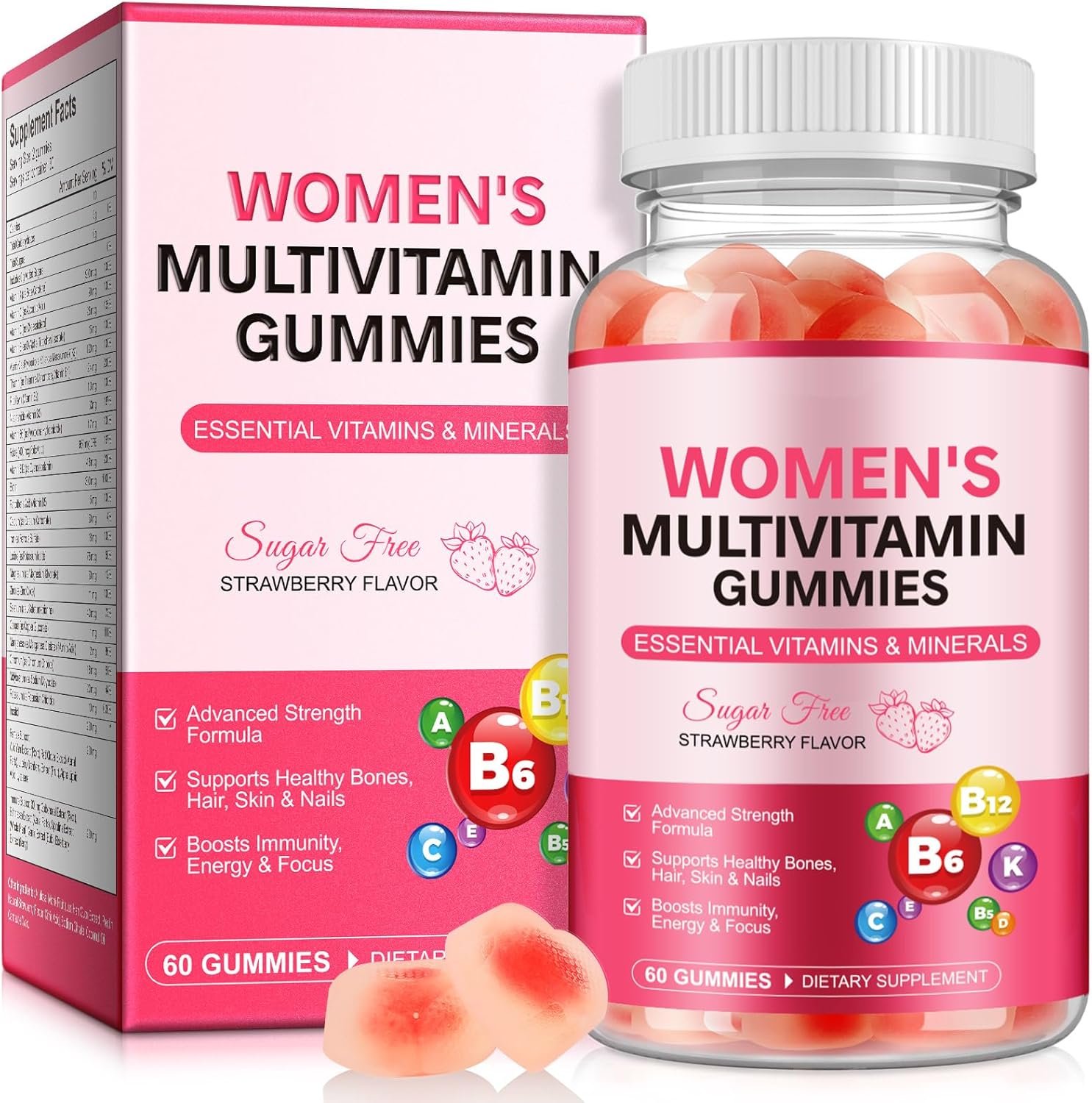 Multivitamin Gummies for Women, Natural Multi Vitamins, Boosts Immunity, Energy & Focus, Womens Daily Multivitamin Gummy for Hair, Skin & Nails, Sugar-Free, Strawberry Flavor, 60 Gummies