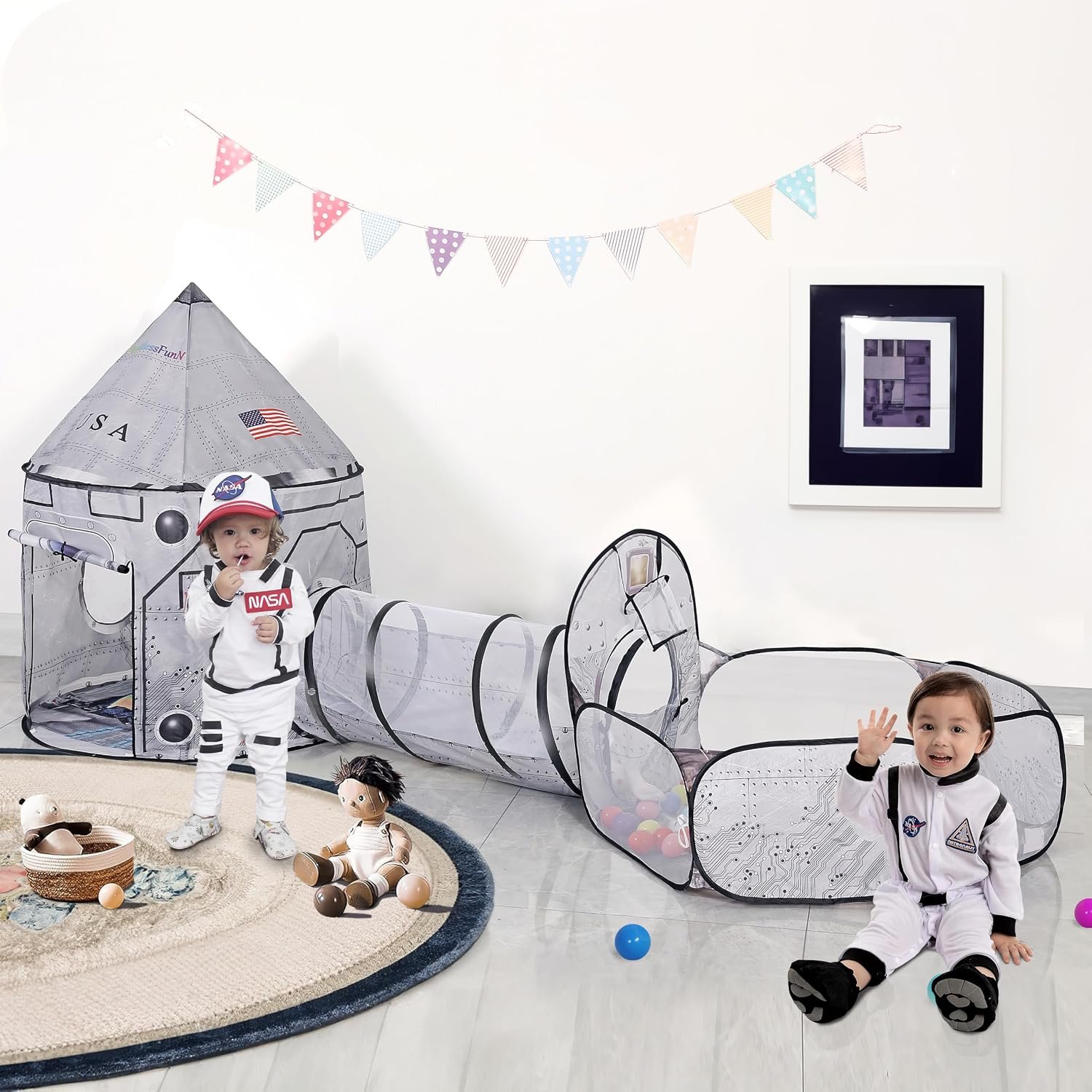 4pc Space Rocket Ship Kids Pop Up Play Tent, Crawl Tunnel, Ball Pit | Includes Star Lights & Carrying Case |, Children Indoor Castle Playhouse for Boys, Toddlers, 47″ D x 126″ W x 53″ H