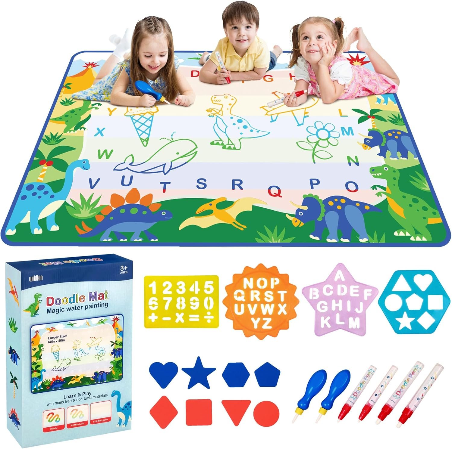 Wildkin Doodle Mat – Extra Large 60 x 42 Inch Water Drawing Mat for Kids, Educational Learning Toy with Letters & Numbers, Mess-Free Coloring for Toddlers & Preschoolers (Dinosaur Land)
